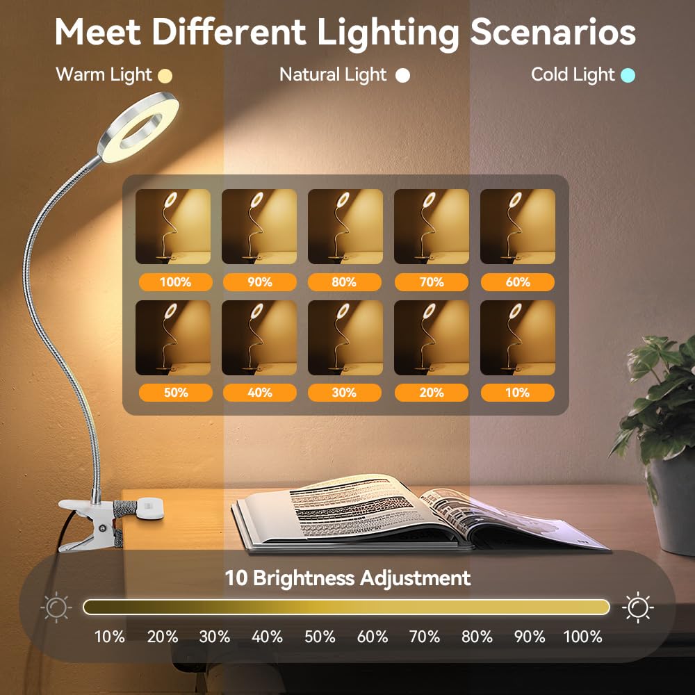 Skymore Clip on Light - 3 Color Modes, 10 Brightness Levels, Flexible Gooseneck, Metal, 6.02inx4.25inx3.15in, Silver,
