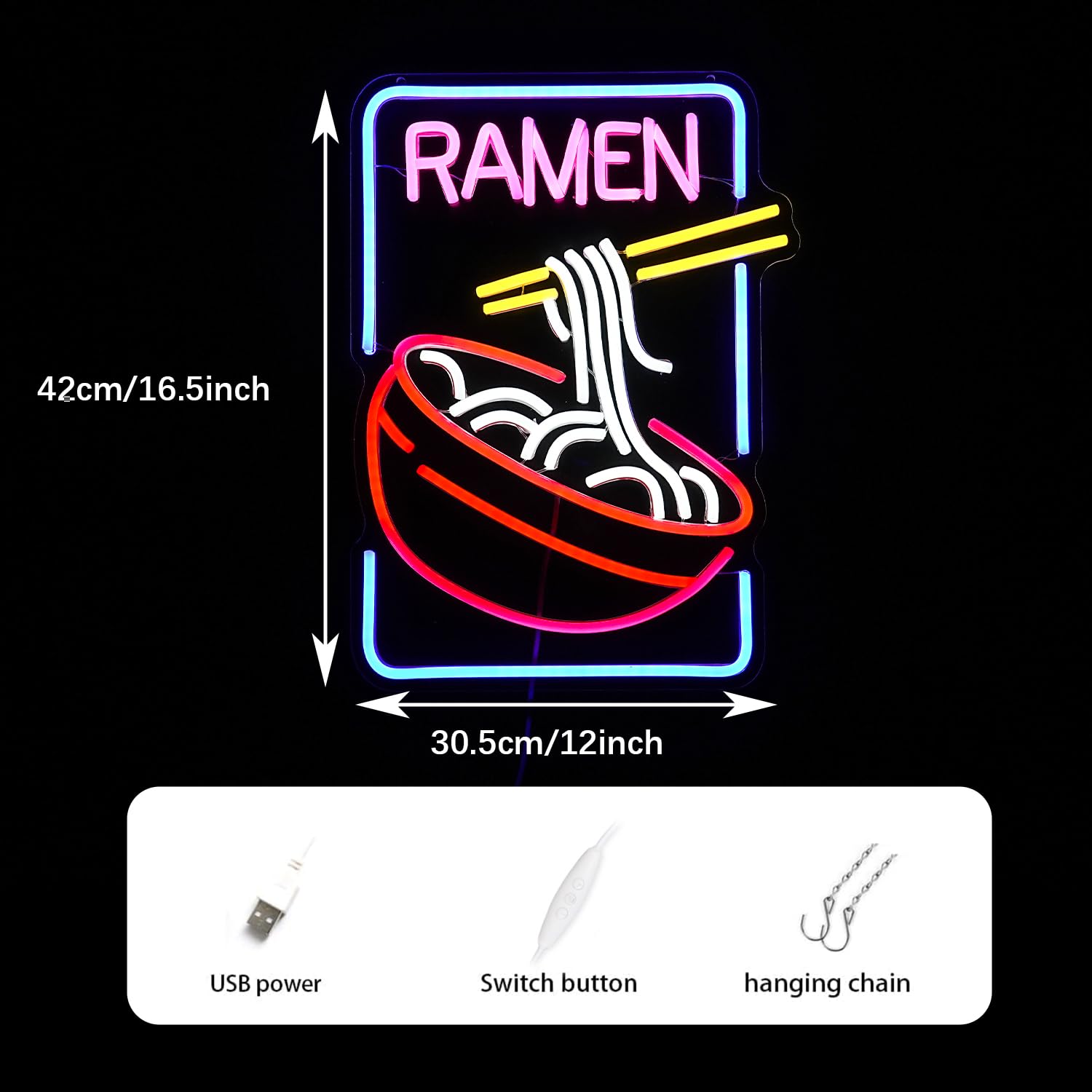 GNVETZLL Ramen Neon Sign - Noodle LED Light, Multi Colored, USB Powered, 16.5in x12in