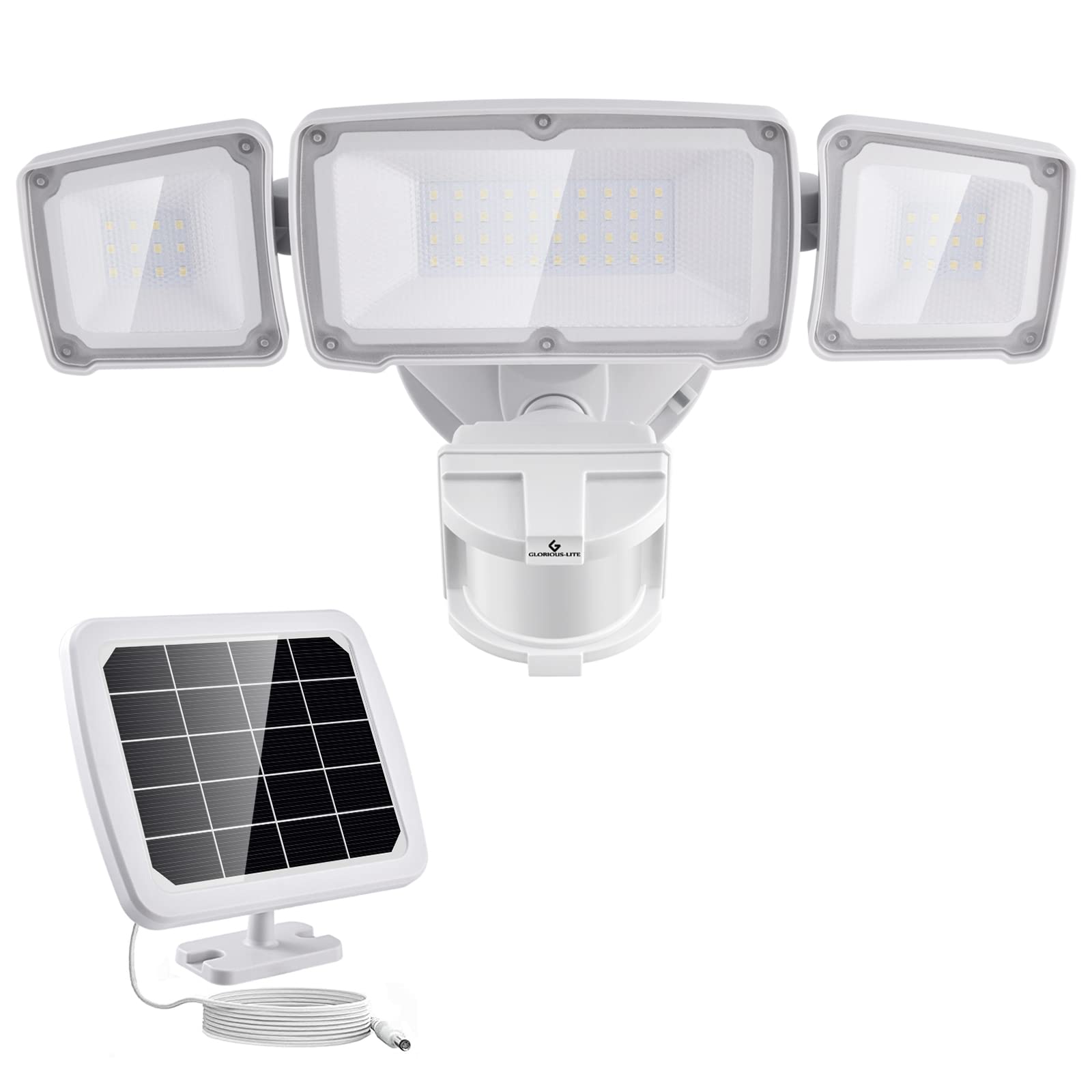 GLORIOUS-LITE Solar Security Light, 2400mAh LED, 1600lm, 3 Heads, IP65 Waterproof, White, Model YY02C-WH