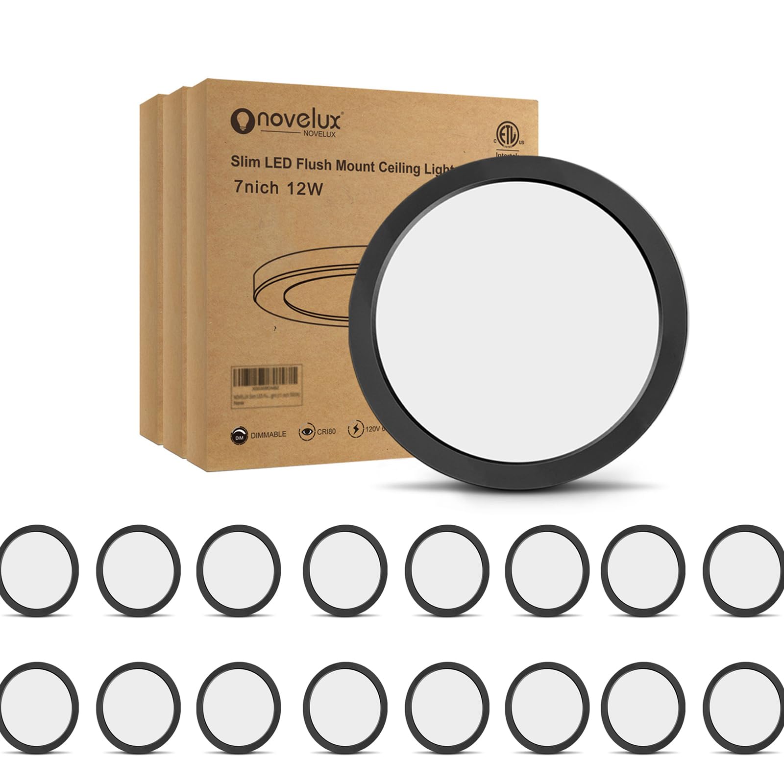Novelux 7&quot; Led Flush Mount Ceiling Light, Dimmable Daylight, Ultra Slim, 16 Pack - Black
