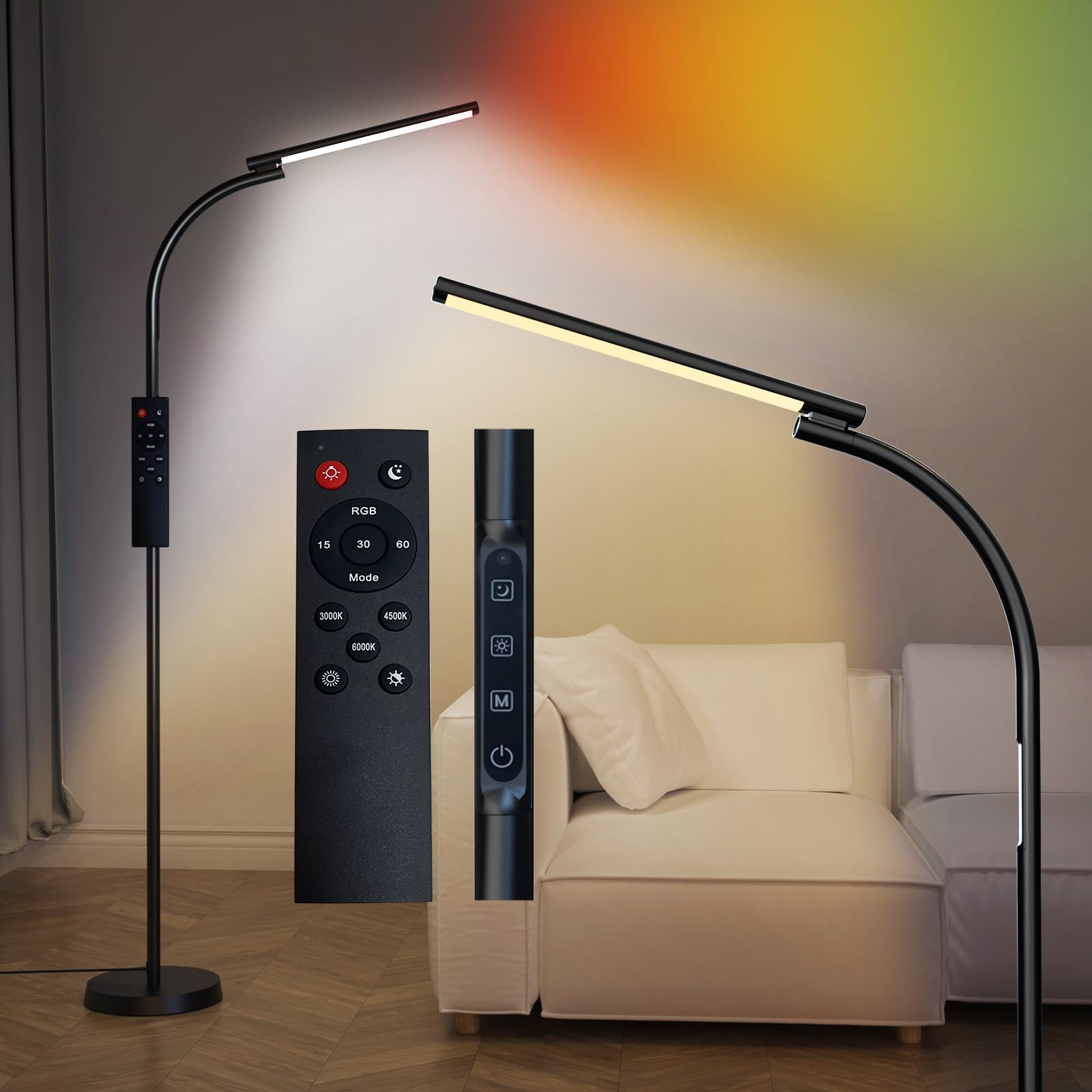 LED Floor Lamp, Bright RGB Floor Lamps for Living Room, Adjustable 3000K-6000K Colors & Brightness, Gooseneck Modern Standing La
