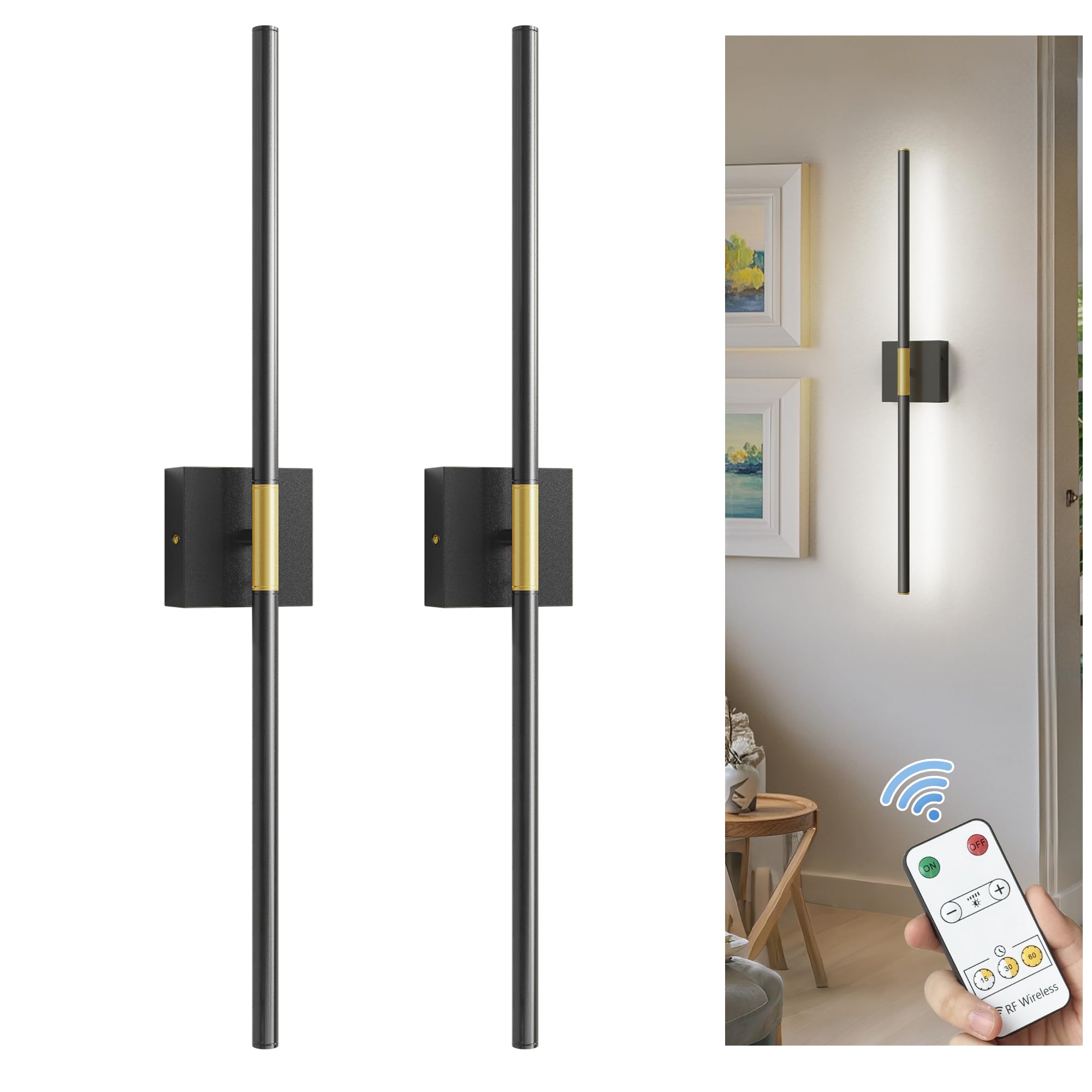 L Lohas Led Battery Operated Wall Sconces Set Of 2, Battery Wall Sconce 10000Mah, Gold And Black Rechargeable Sconces 6000K, 28.