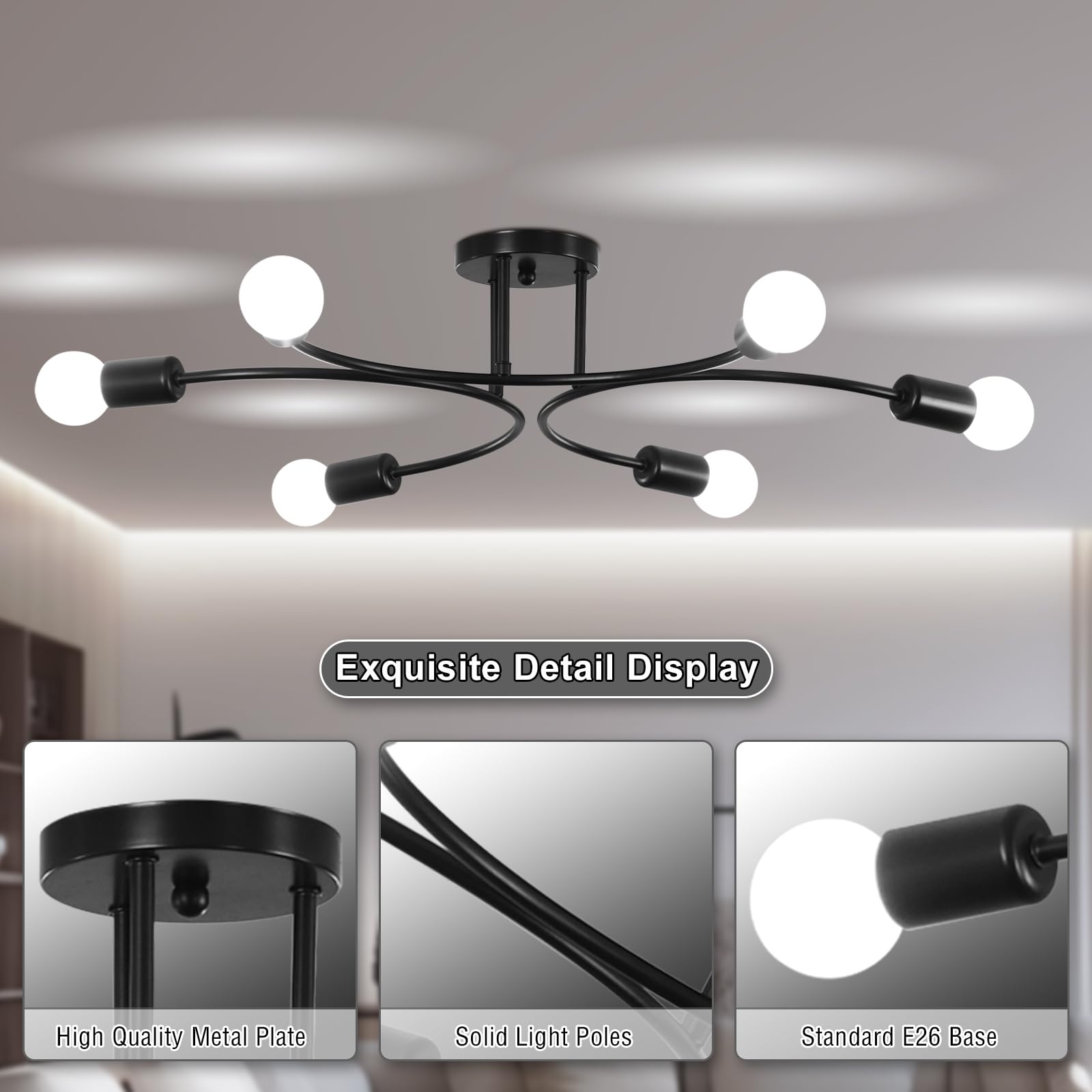 Frixchur Modern Sputnik Chandelier Ceiling Light Fixture, 6 Lights Chandeliers Mid Century Industrial Metal Flush Mount Ceiling