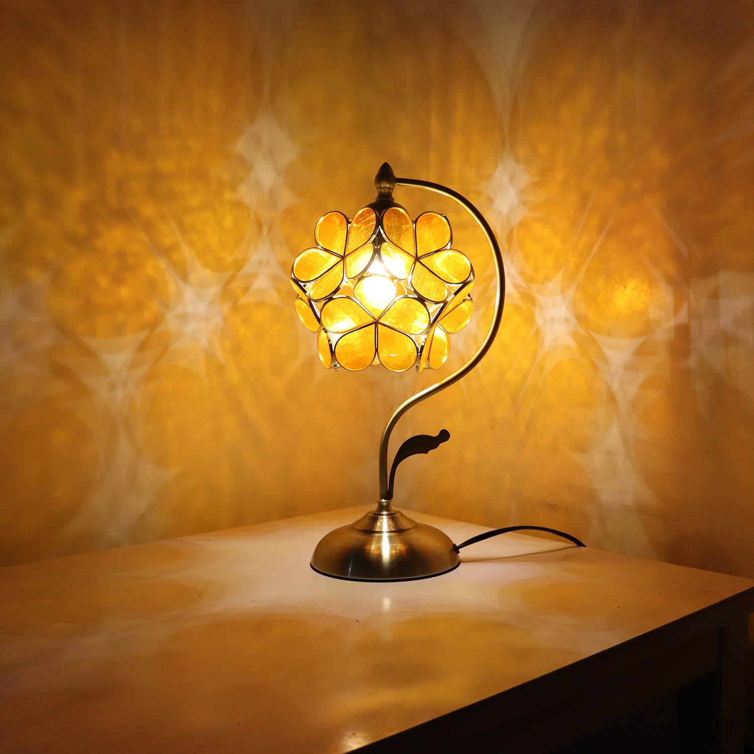 Bieye Tiffany Style Stained Glass Table Lamp, 8in Cherry Blossom, Orange Transparent, Model PETALTABLE