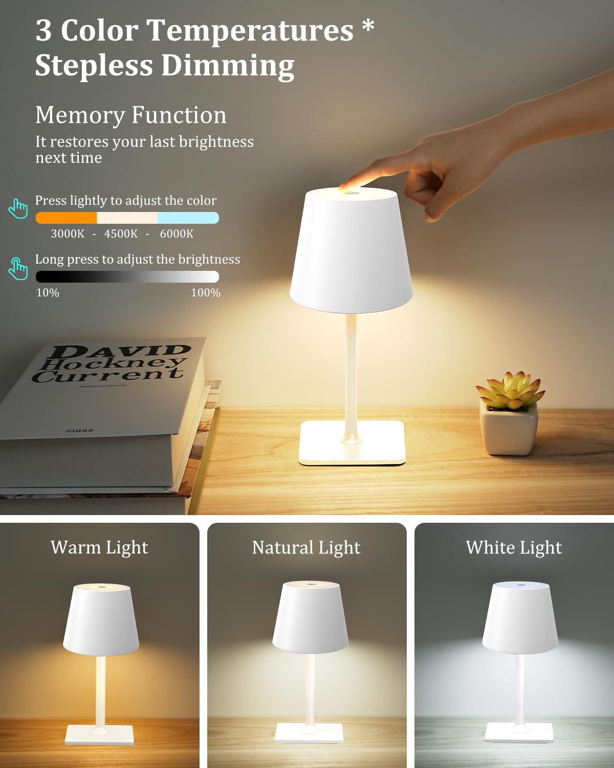 Fizrice Cordless Table Lamp, Rechargeable 6000mAh, Waterproof, Touch Control, Portable, White, Model TL-W, 2 Pack