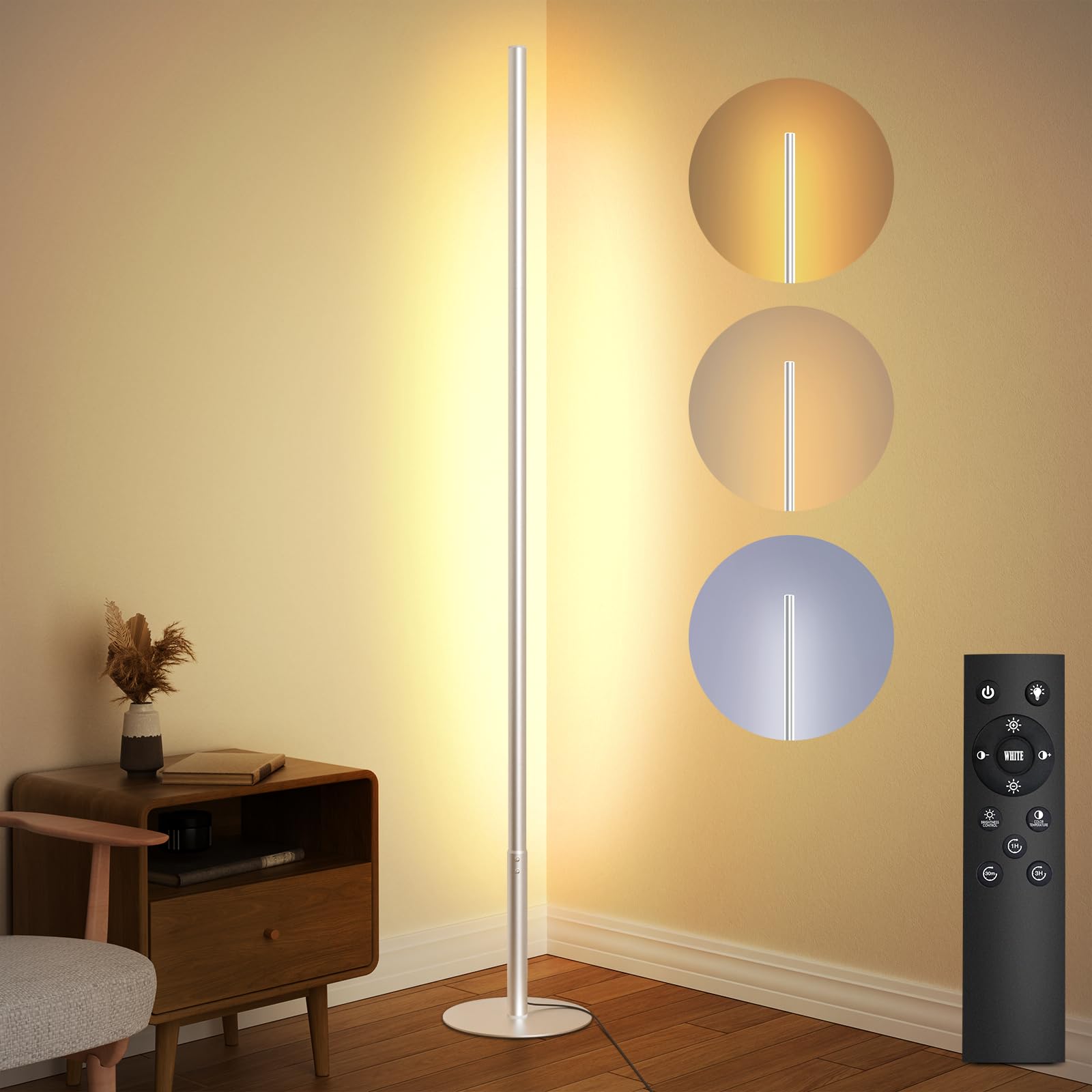 Led Corner Floor Lamp For Living Room, Minimalist Light With Remote Control, Stepless Adjustable 2700K-6500K Colors & Brightness