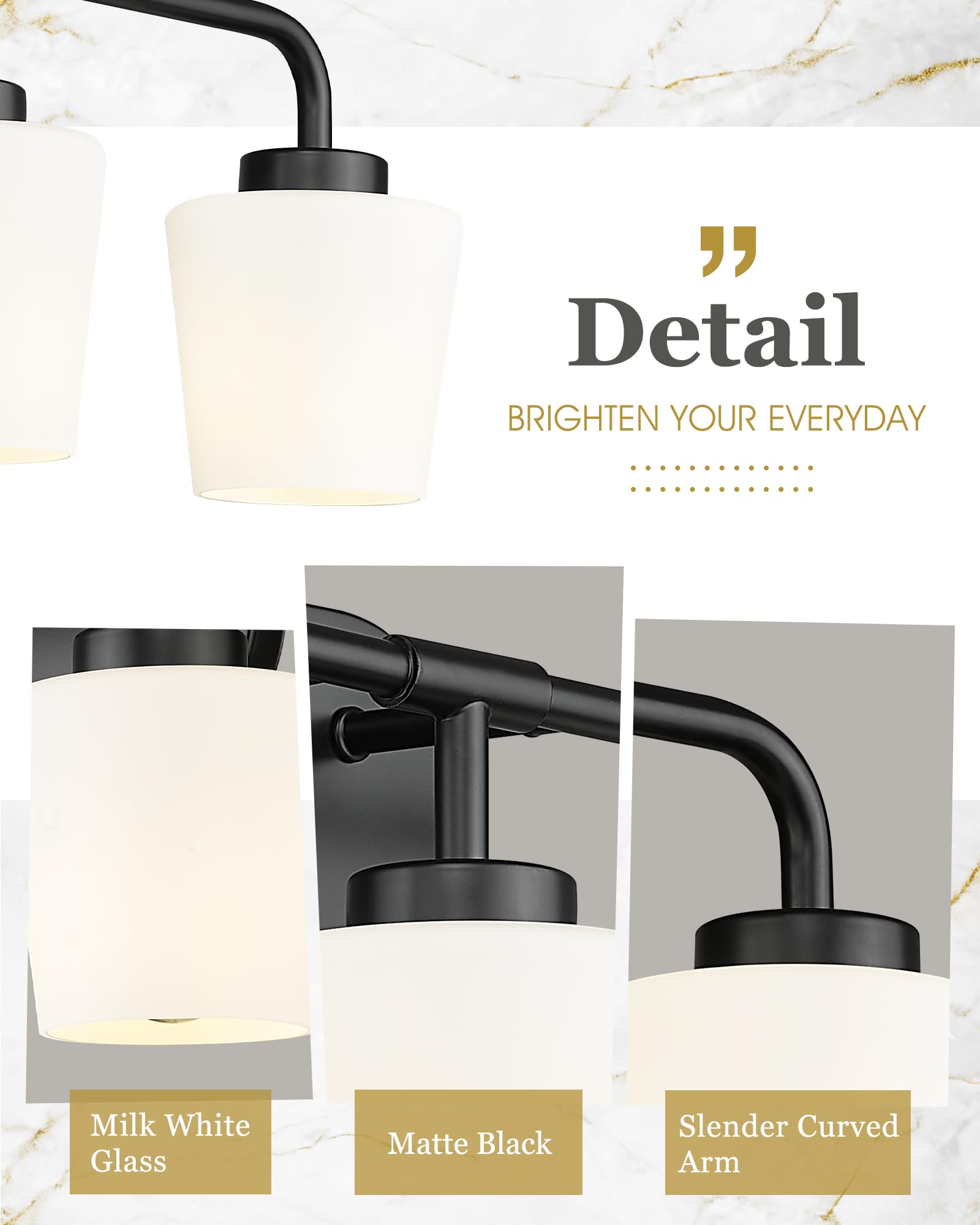 Audickic Bathroom Light Fixtures Over Mirror, 3-Light Matte Black Vanity Lighting Fixtures With Milk White Glass, Vintage Farmhouse Wall Sconces Lighting, Ad-22004-3W-Bk