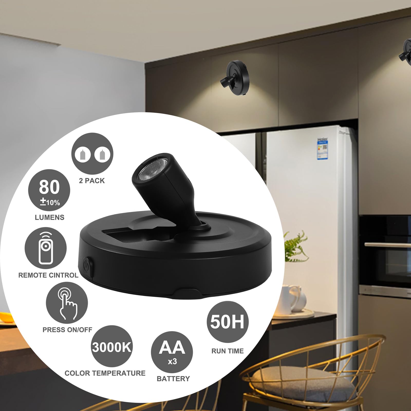 Hofuy 2-Pack Cordless Spotlight Battery Operated Picture Lights, Led Display Puck Lights With 2 Remote, Dimmable Accent Lighting