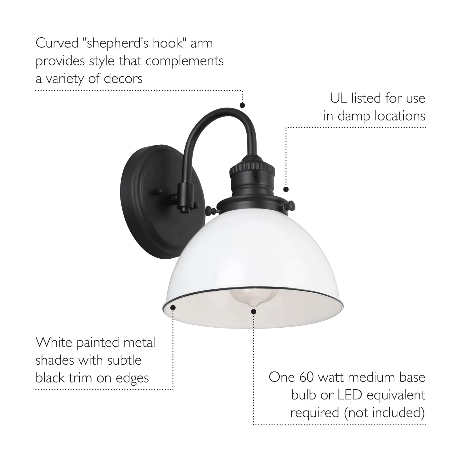 Design House 588293 Savannah Farmhouse 1-Light Wall Light, Alloy Steel, Matte Black/White, Indoor Dimmable for Hallway, Foyer, Kitchen