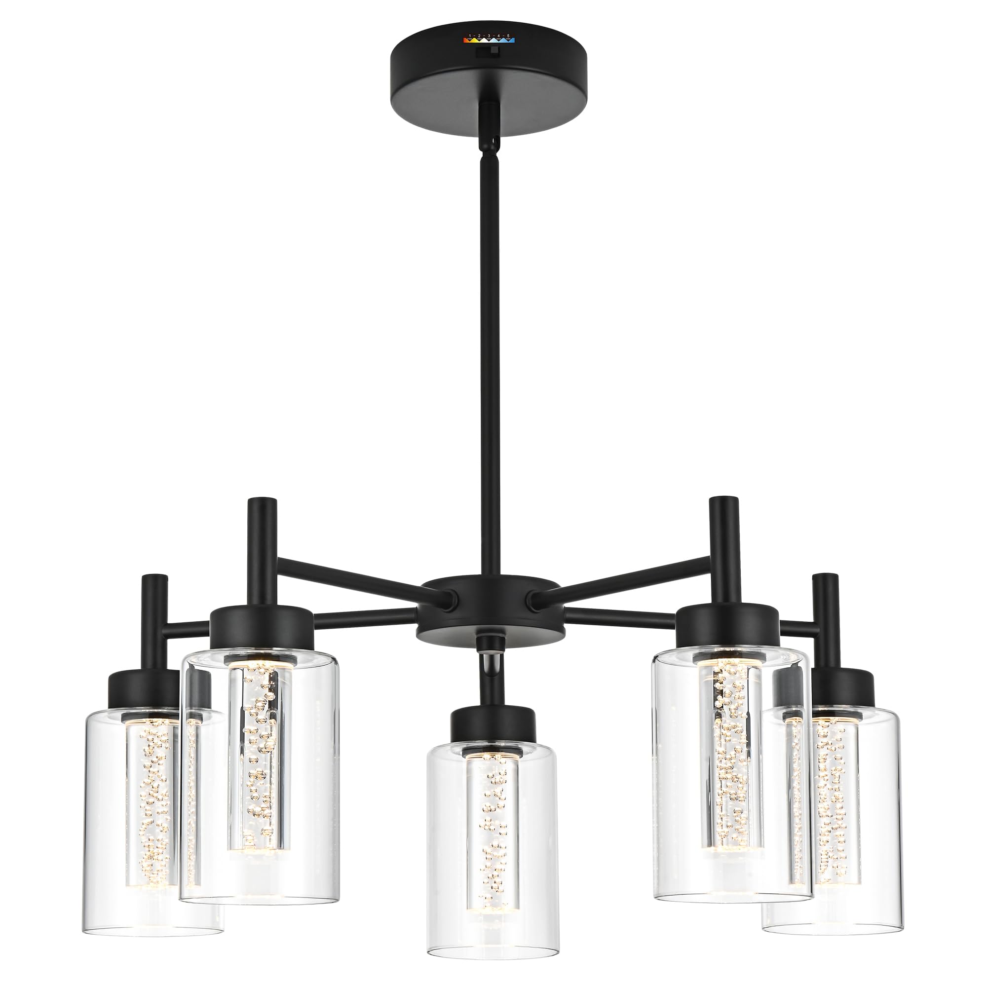 VINLUZ 5 Light LED Modern Pendant Chandelier, Black Metal with Crystal Bubble Glass Shade, Model LED1810-5-11