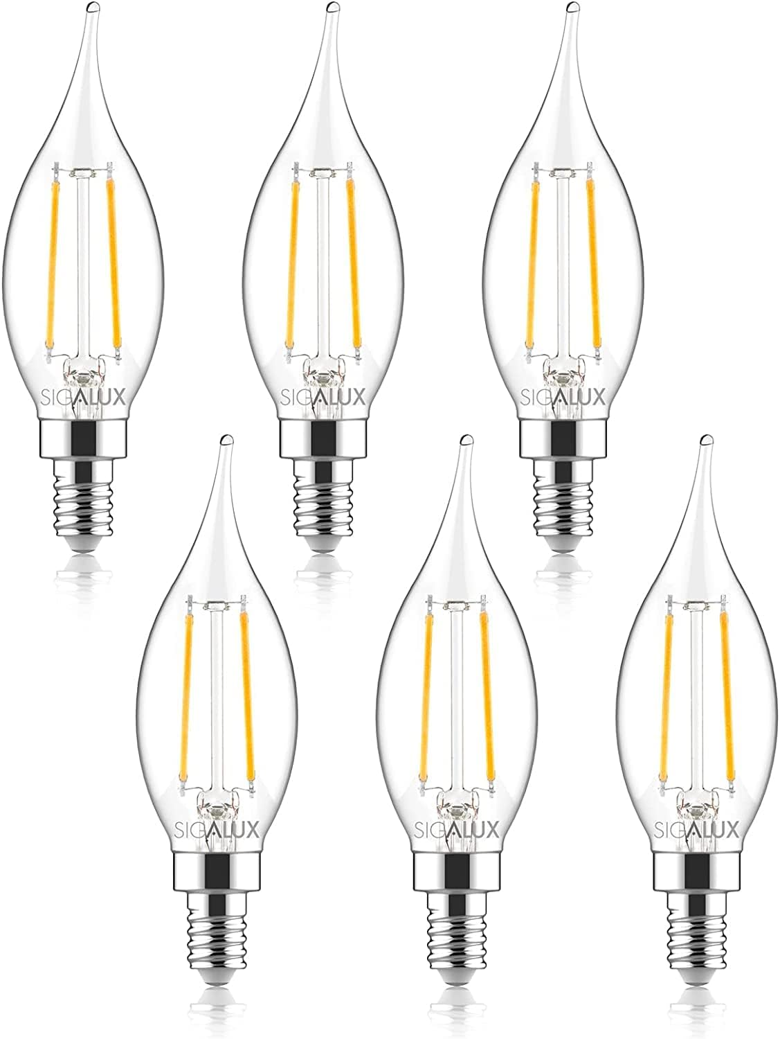 Sigalux E12 Candelabra LED Light Bulbs Dimmable 4.5W Soft White 2700K 500LM, 6 Count, CA10 Flame Tip Vintage Filament