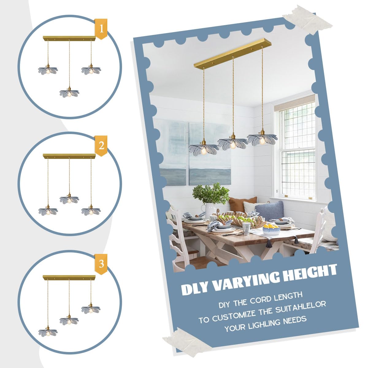 Auwieou 3 Light Pendant Lighting Blue Glass Pendant Light Brushed Brass Pendant Light Fixtures Vintage Farmhouse Chandelier 1-Li