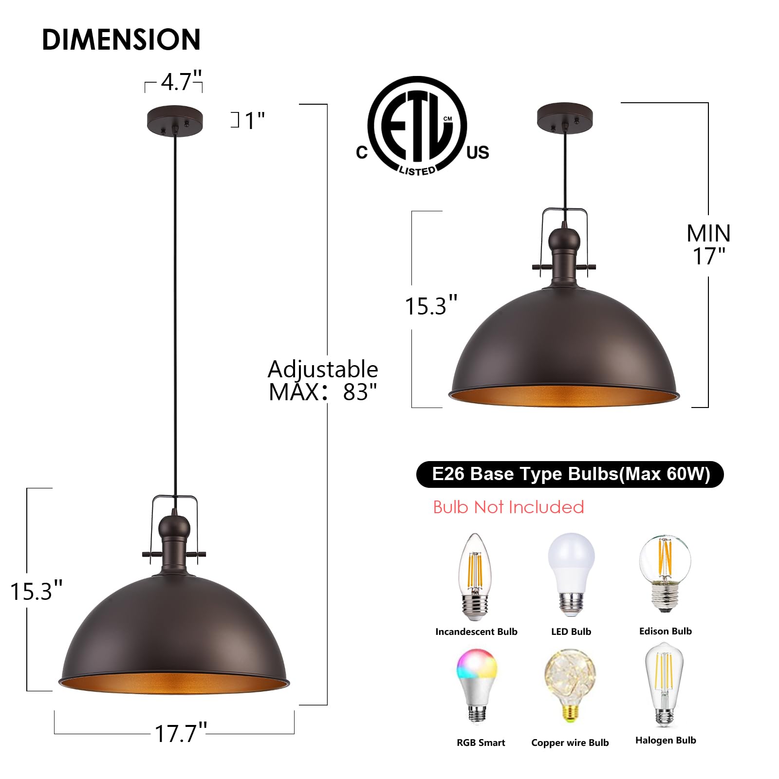 Alaislyc 18 Inch Oil Rubbed Bronze Farmhouse Pendant Lights Large Pendant Lights For Kitchen Island Industrial Adjustable Height