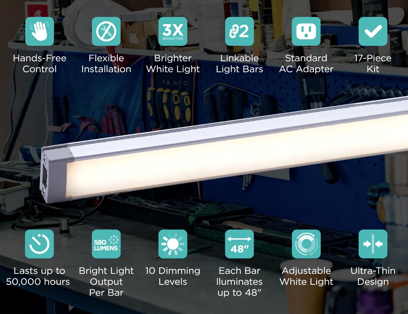 Black+Decker Led Under Cabinet Light Kit, Motion Sensor, Dimmable, Linkable, 3 Color Settings, Tool-Free, Utility Light, Closets