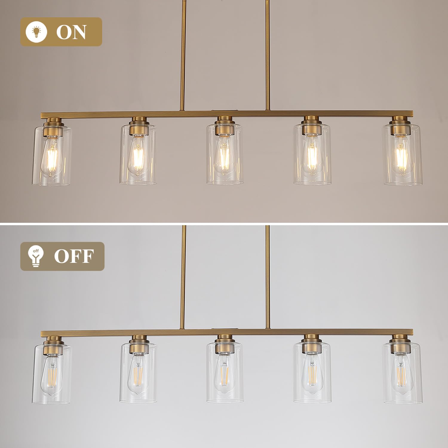 Mecgirn 5-Light Linear Chandelier Pendant Light, Brushed Brass Metal Fixture for Kitchen Island & Dining Room, Model D0017-5-Brass