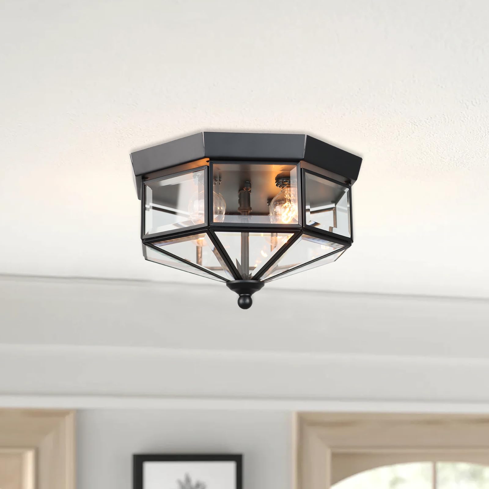 Flush Mount Outdoor Ceiling Light Fixture  4 Light Exterior Porch Ceiling Lights With Clear Glass  Black Farmhouse Lighting For Indoor Hallway Kitchen Stairway (E12 Base)
