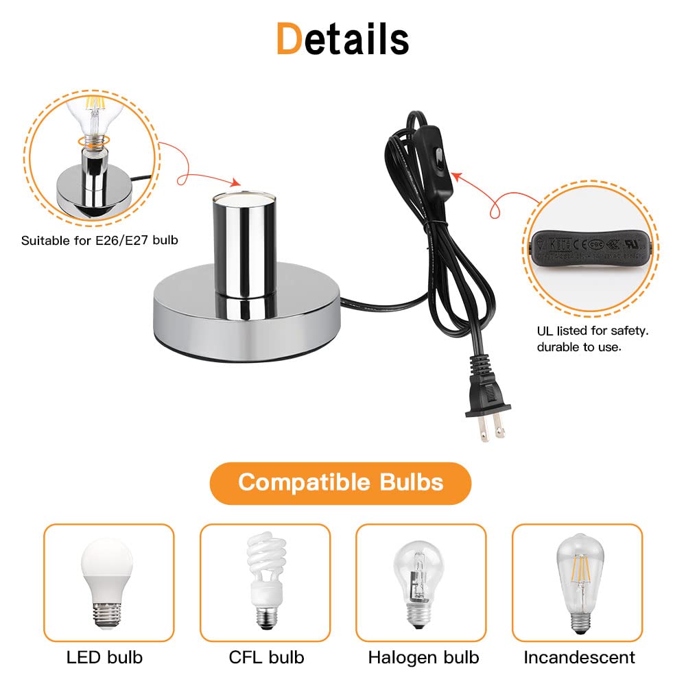 Helunsi Industrial Table Lamp Base, Silver Metal E26/E27 Bulb Holder, Mini Short Desk Lamp With 5.8Ft Cord, Model E507234