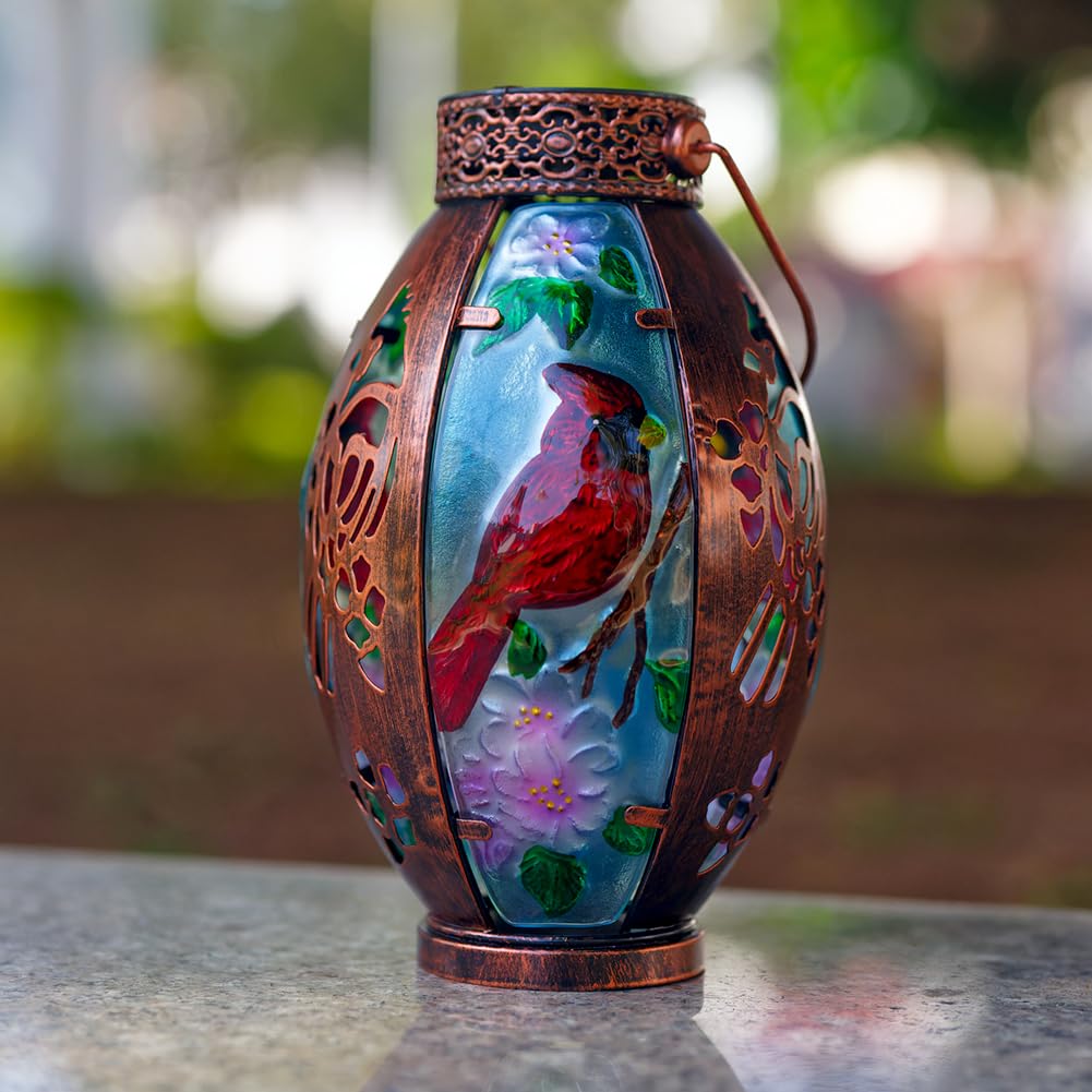Starsoul Cardinal Outdoor Solar Lantern Metal &Stained Glass Cardinal Solar Light Waterproof Cardinal Tabletop Lamp With Hollowed-Out Design For Yard Patio Garden Pathway