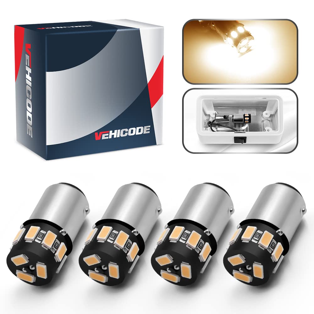 Vehicode 1076 1142 Warm White Led Bulbs Rv Interior Dome Light 1004 90 12V Ba15D Marine Navigation Courtesy Lamp Replacement 68 72 78 94 96 104 1176 For Camper Travel Trailer Motorhome Boat (4 Pack)