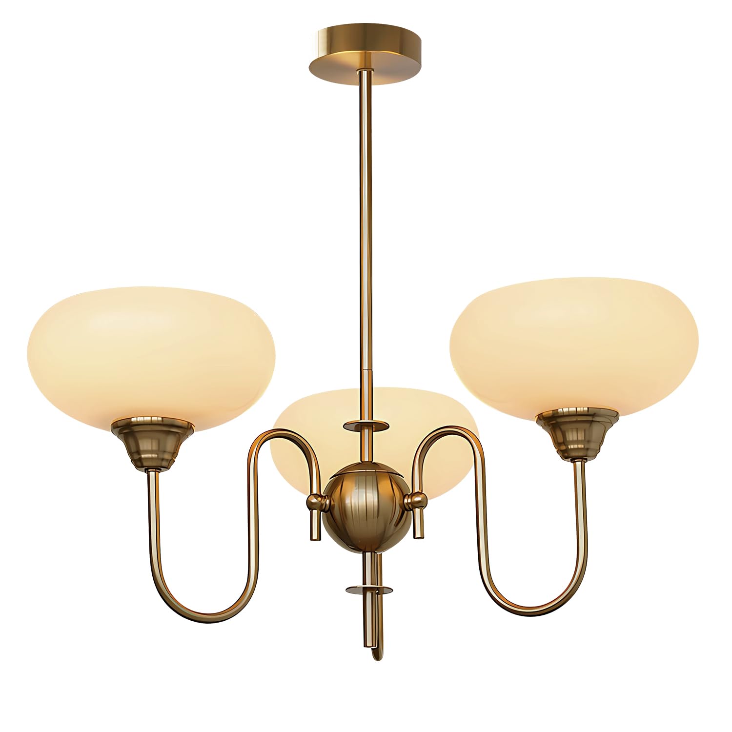 Flyrose 3-Lights Mid Century Modern Gold Chandelier Pendant Light Fixture White Milk Glass Pendant Light Brass Sputnik Chandelie