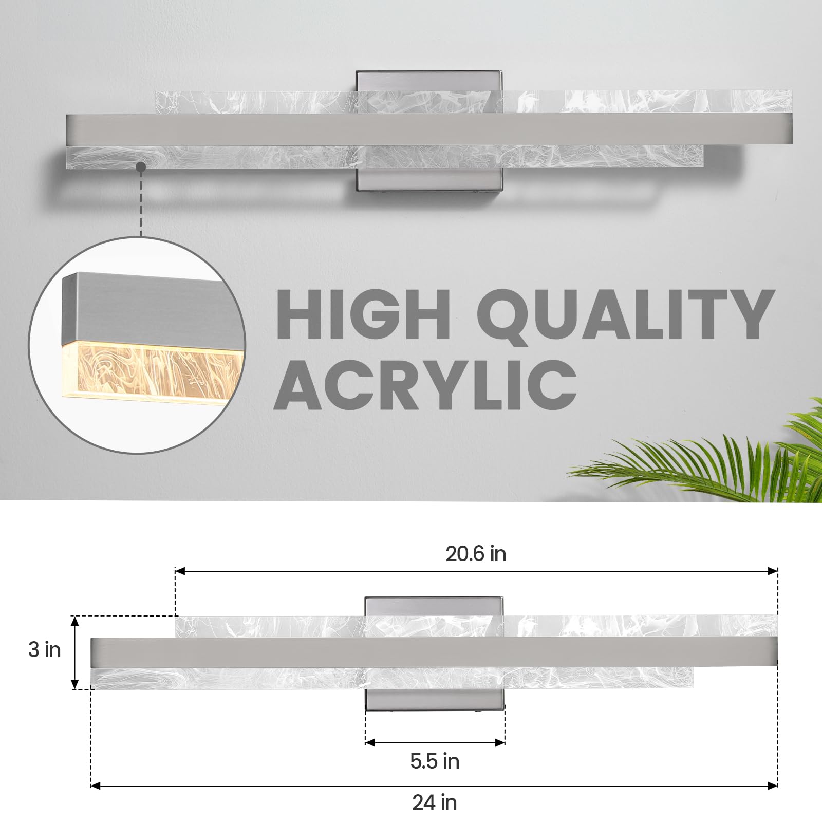 HAHZT 27" Dimmable LED Bathroom Vanity Light, Brushed Nickel, Metal, Model 8075WL - Wall Sconce for Mirror, 3000K Warm White