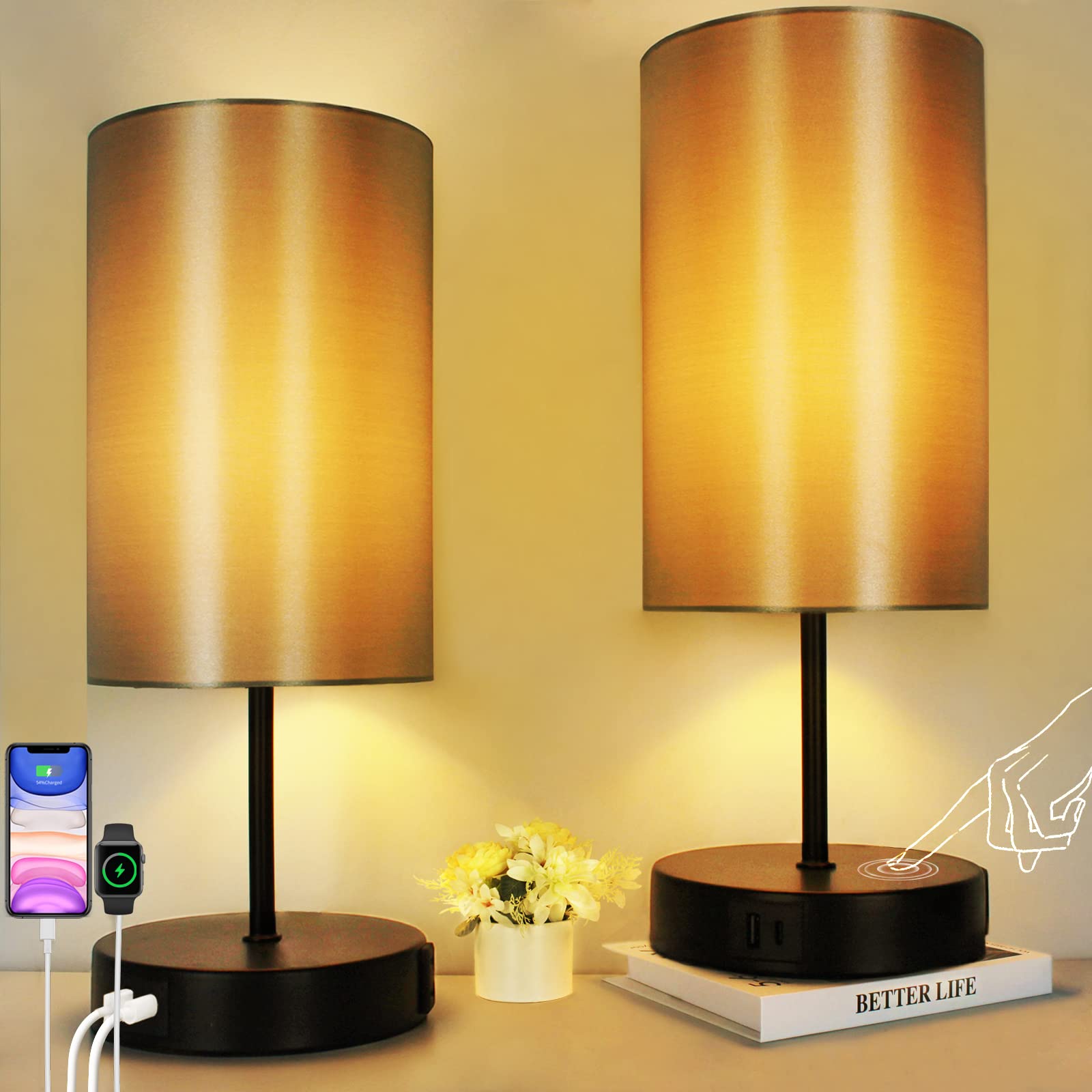 HiBay 2-Set 17.75 Touch Bedside Table Lamps with USB Charging Ports & AC Outlet, Industrial Black 3-Way Dimmable LED Nightstand 