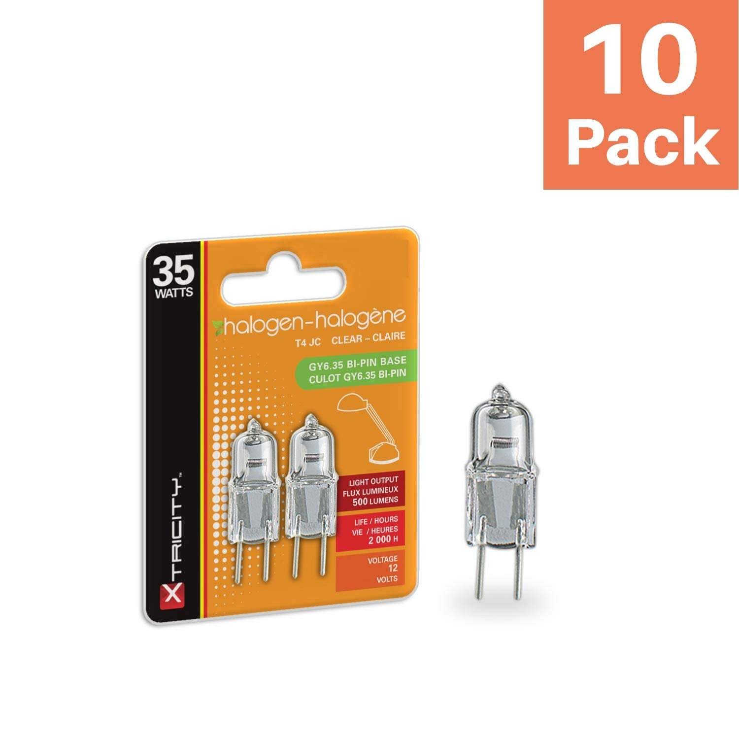 Xtricity T4 Jcd 35W Gy6.35 Bi-Pin Base Halogen T Bulb, 500 Lumens, 12V, 2700K Soft White, Dimmable Two Pin Halogen Light Bulbs (