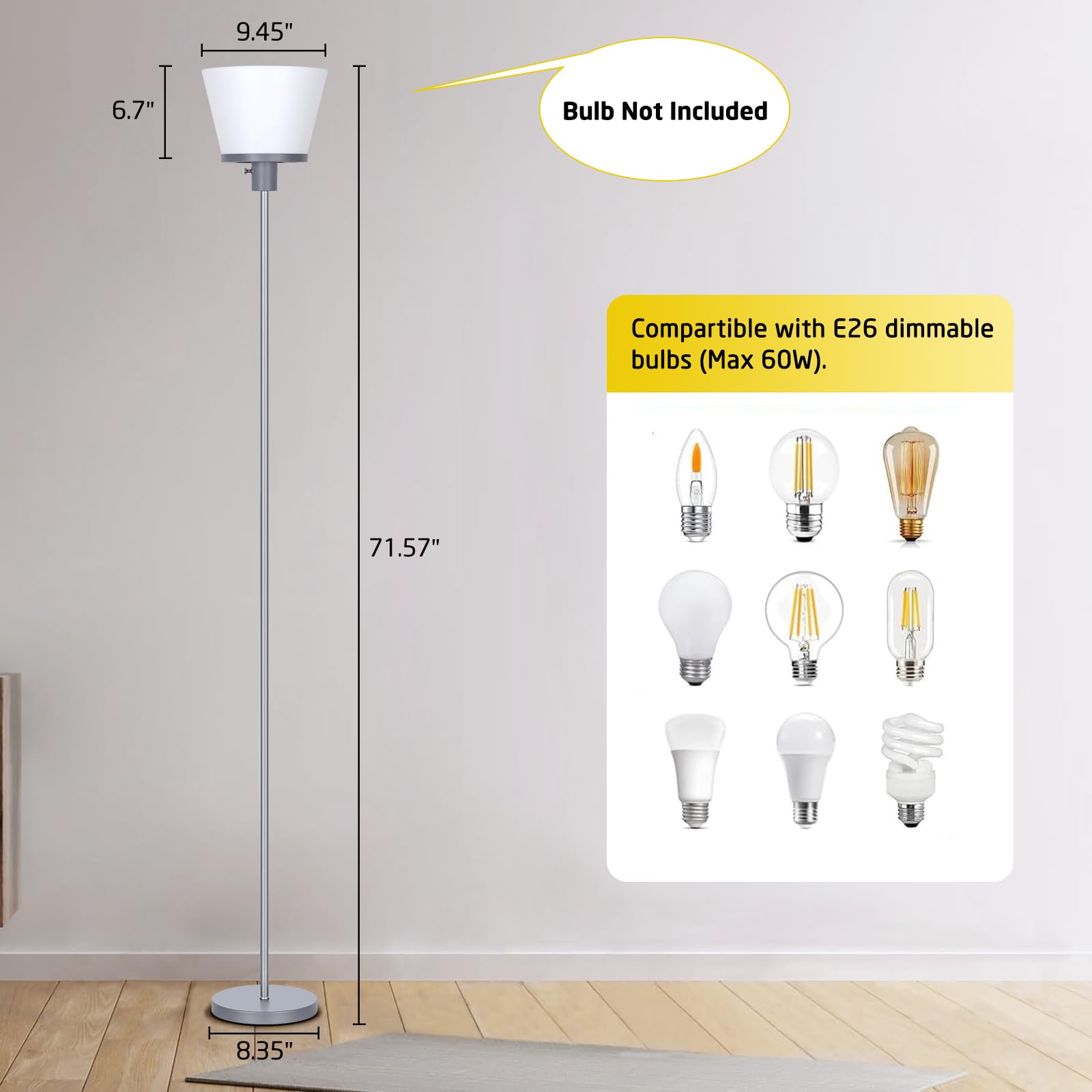 Kukobo Standing Lamp For Bedroom, Led Modern Floor Lamp For Living Room Office, Sliver Tall Bright Floor Lamp With White Plastic