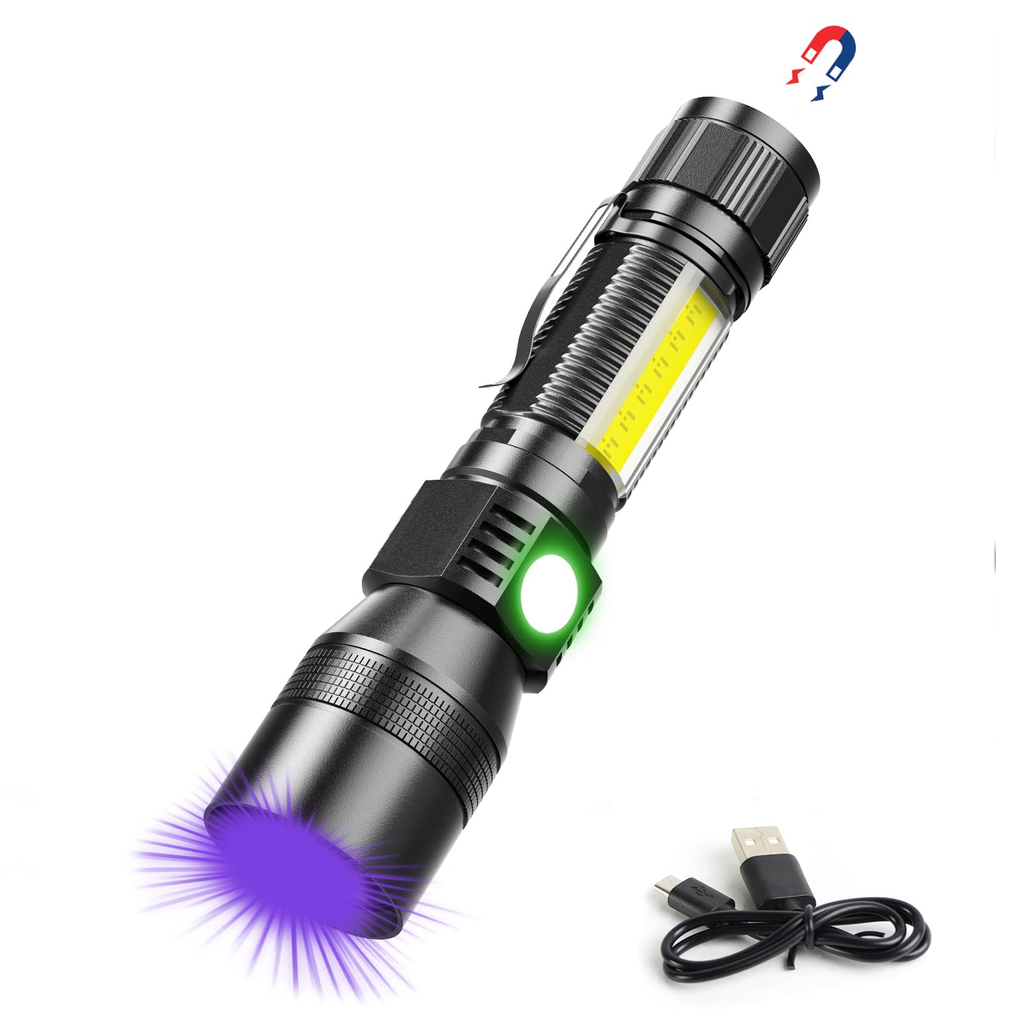 Spriak UV Flashlight, USB Rechargeable Magnetic Work Light, Zoomable, Waterproof, Black, Model S2016001, 1 Pack
