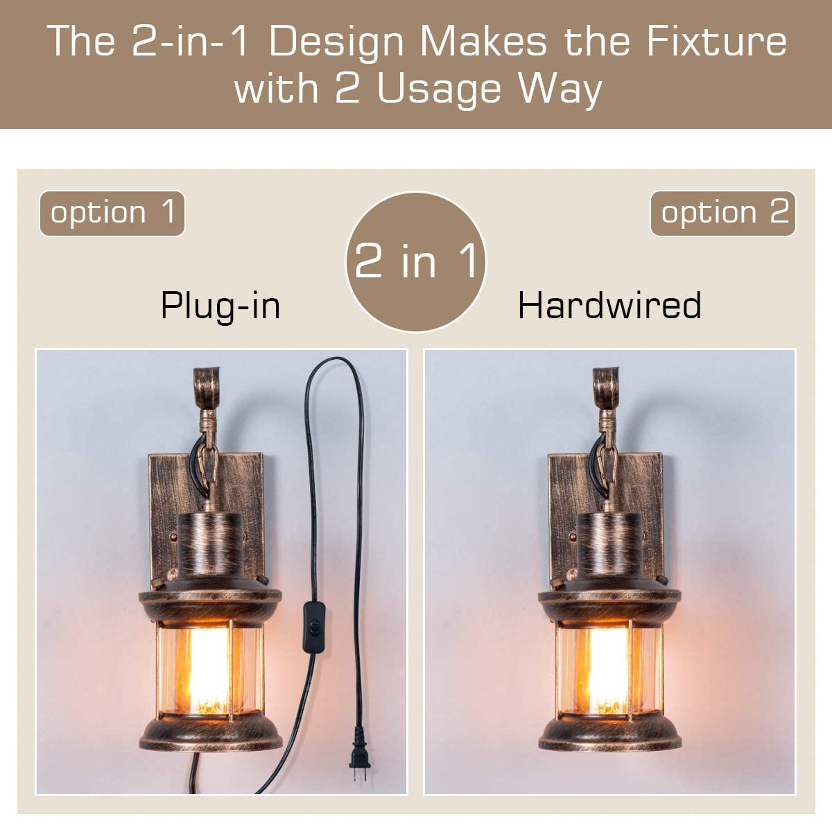 Yisuro Rustic Wall Light Fixture, Antique Bronze, 2-in-1 Installation, Metal, T-THBDDC1010, 1 Pack
