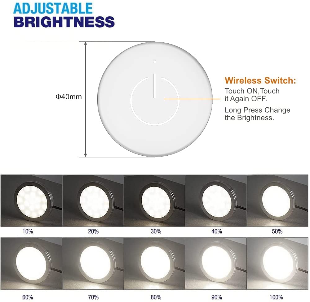 VST Under Cabinet Lighting 6 Pack, White Puck Lights, 3000K Warm White, Plug-in with Wireless Touch Dimmer, Model 022, Plastic