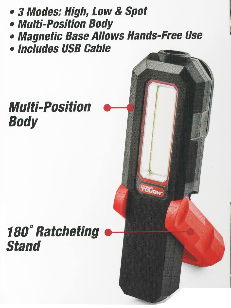 Hyper Tough Rechargeable LED Work Light - 350-Lumen, Black, USB Powered, Strong Magnet, Pivoting Stand, Rubber Material