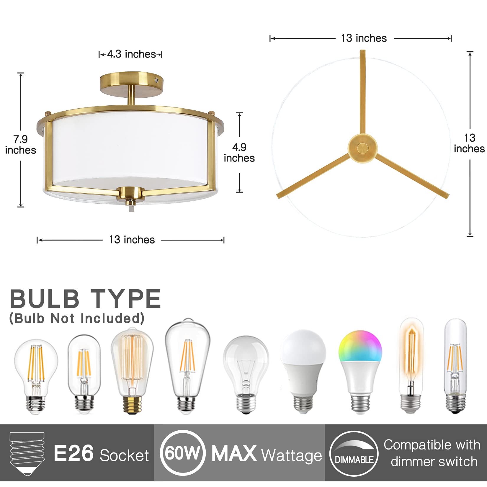 Bargeni 13&quot; Antique Brass Semi Flush Mount Ceiling Light With Fabric Shade For Bedroom & Hallway
