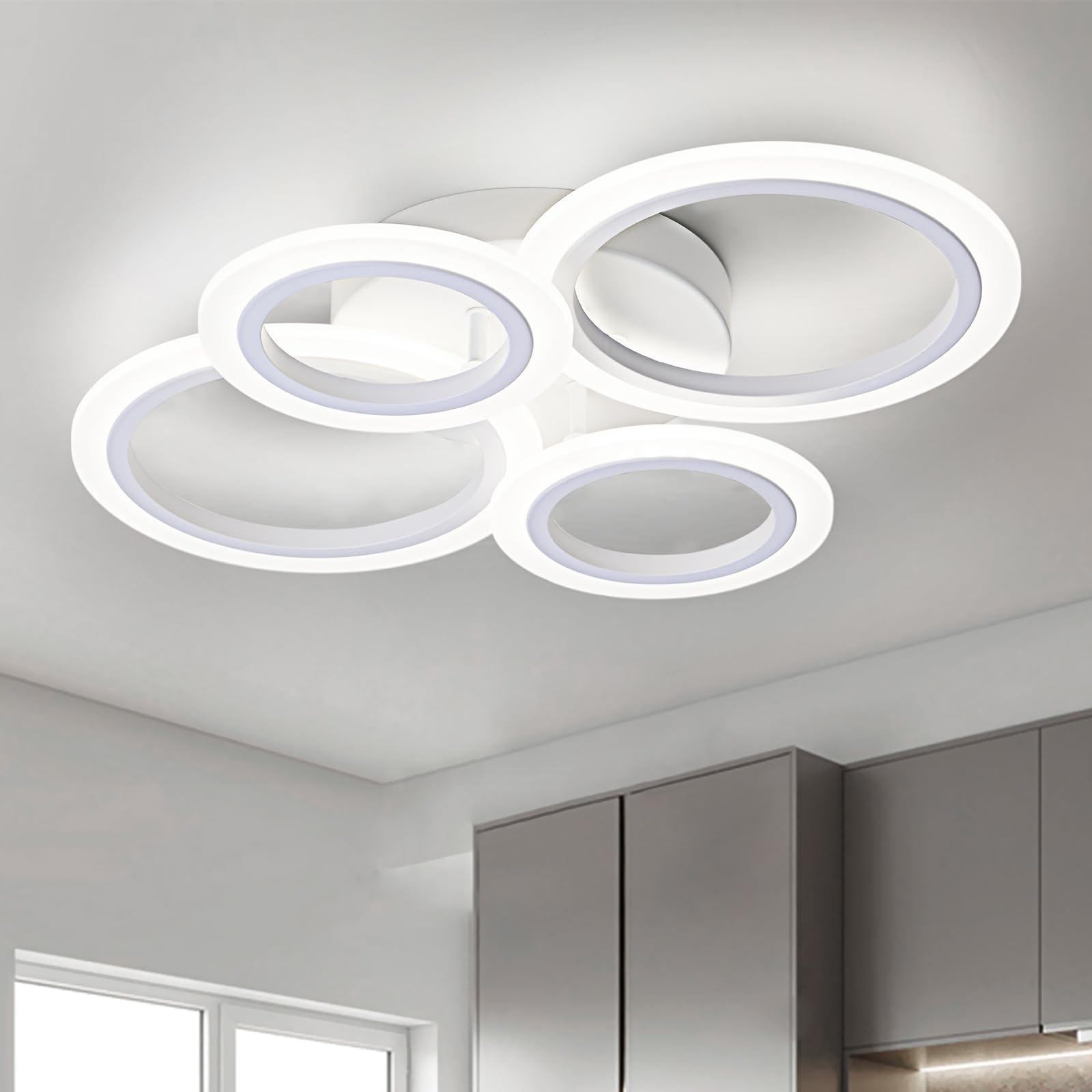 Teminbu Modern Led Ceiling Light, White 4 Rings Flush Mount Ceiling Light, 4000K Lighting Fixture Ceiling Lamp For Kitchen, Bedroom, Living Room, Laundry Room