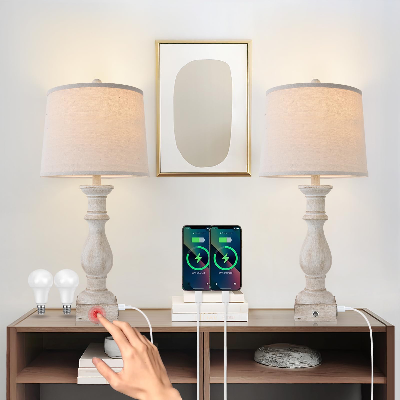 Table Lamps Set of 2 Vintage Night Stand Light Touch Dimmable Desk Lamp Farmhouse Resin Lamp,Bedside Lamps with USB Ports and Ou
