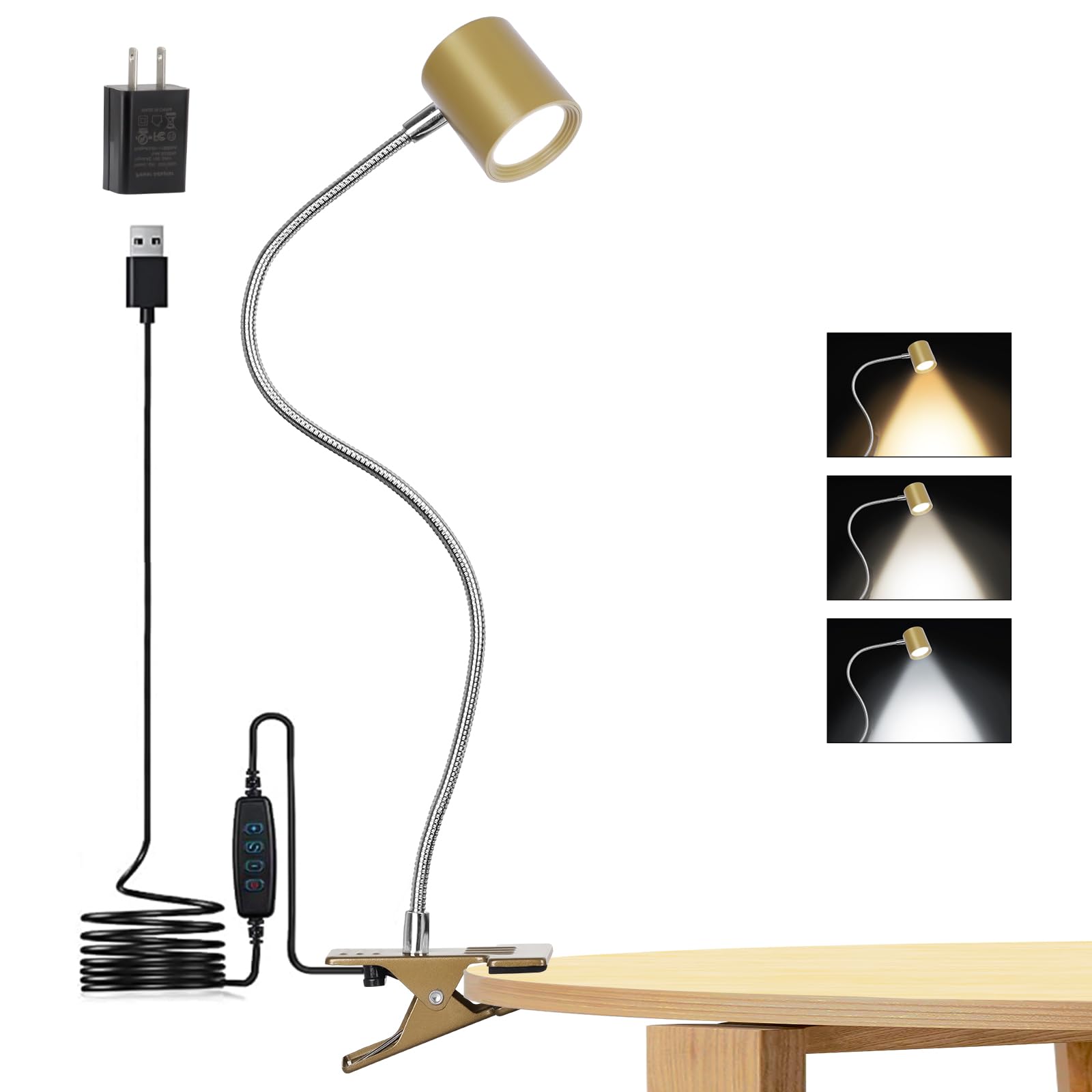 Best World LED Reading Light, 3 Modes, 10 Brightness Levels, Clip-On, Gooseneck, Aluminum, Gold, Model DA-3.5W-10