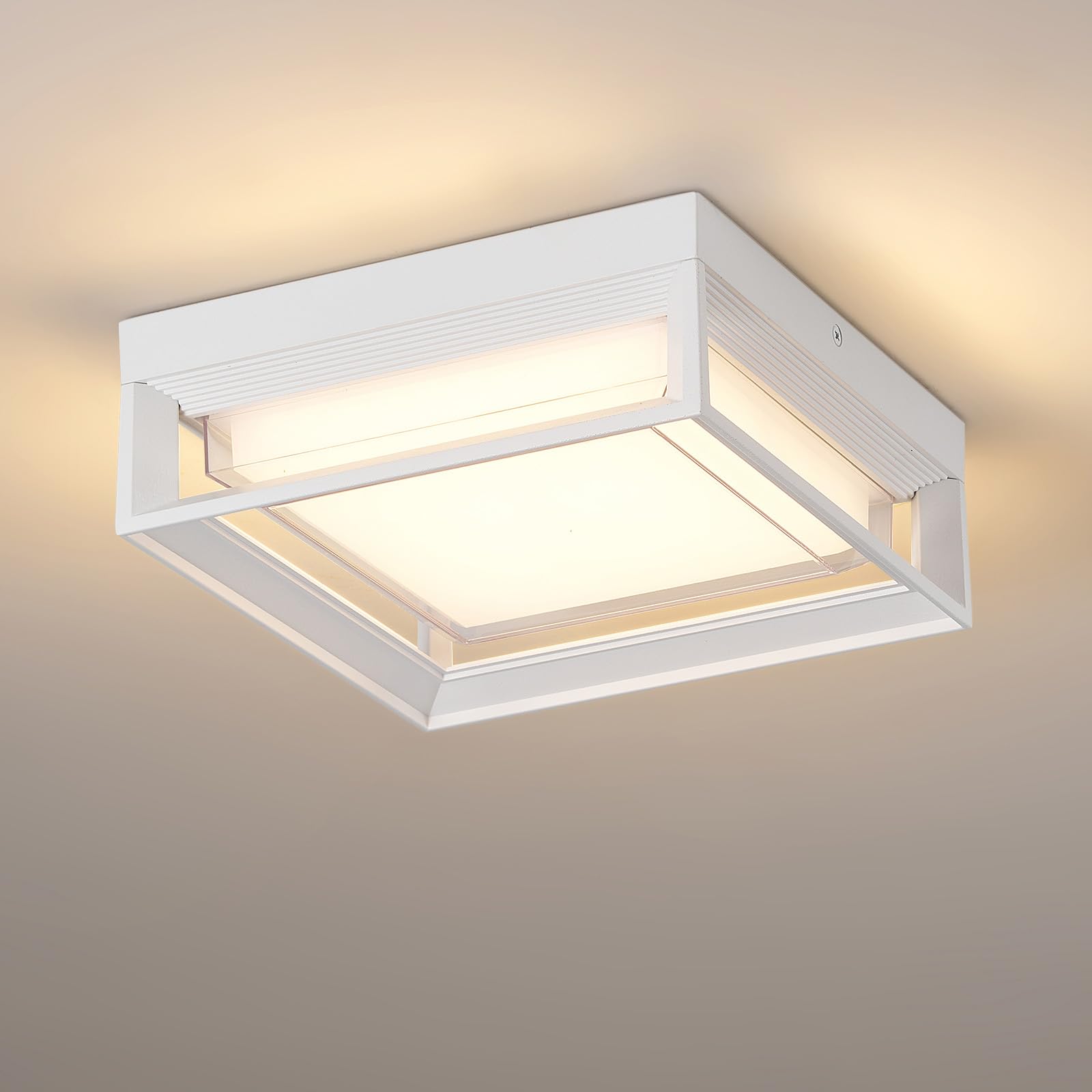 CHENS01 White Square Flush Mount Outdoor LED Ceiling Light Fixture, 120V 24W 3000K 9 inch Medium Overhead Porch & Patio Lights C
