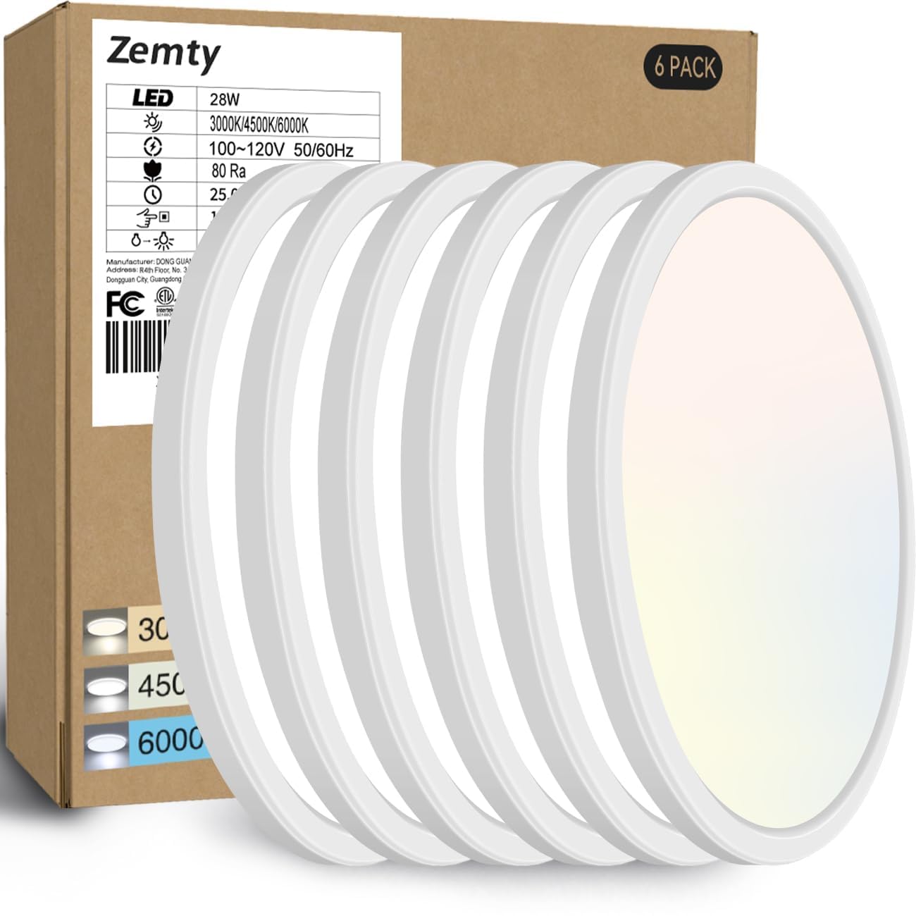 zemty 6Pack 12 Inch LED Flush Mount Ceiling Light, Super Slim 28W 3200lm LED Ceiling Light, 3 Color Temperature in One 3000k/450