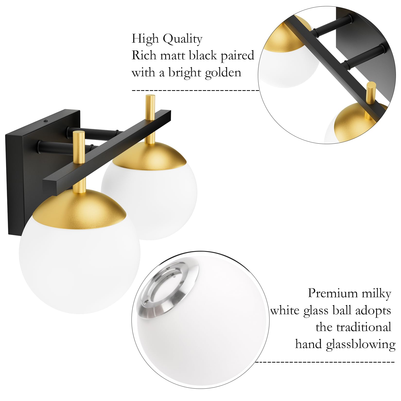 Ralbay 2-Light Bathroom Vanity Light, Mid Century Modern Black/Gold, Aluminum with Milky Glass Balls, Model 1100