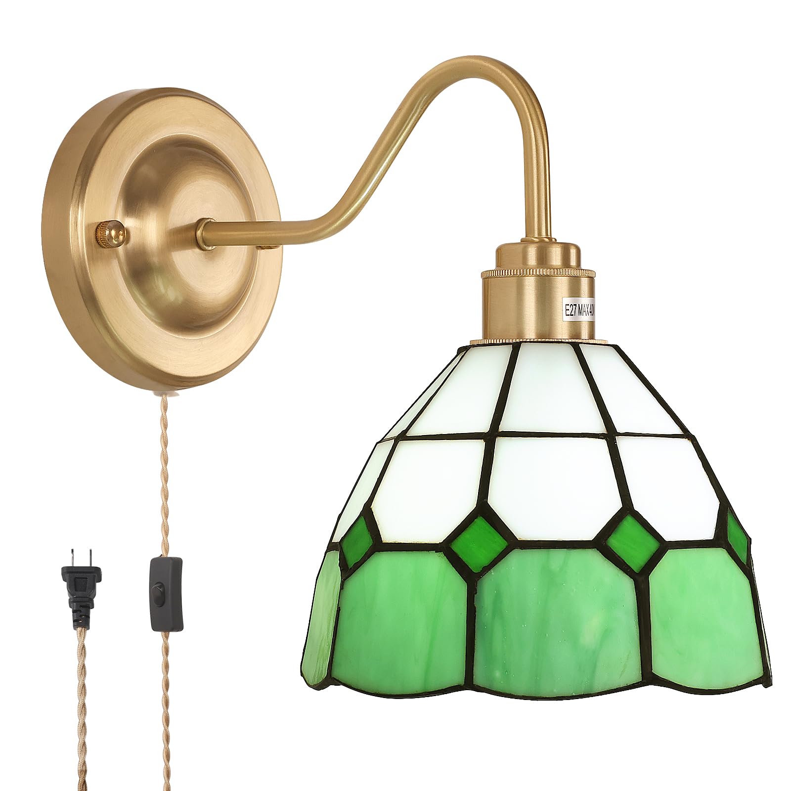 Shenmoyl Vintage Wall Sconce - Stained Glass Shade, 1 Light Plug in, Green White Checker, Model 1-94141-wlamp