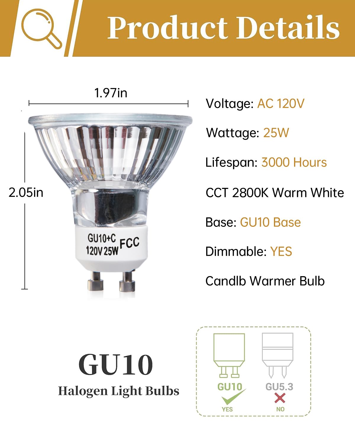 Elenhome GU10 Halogen Bulbs 120V 25W, Dimmable MR16, 6 Pack, Glass Cover, 2800K Warm White for Track & Accent Lighting