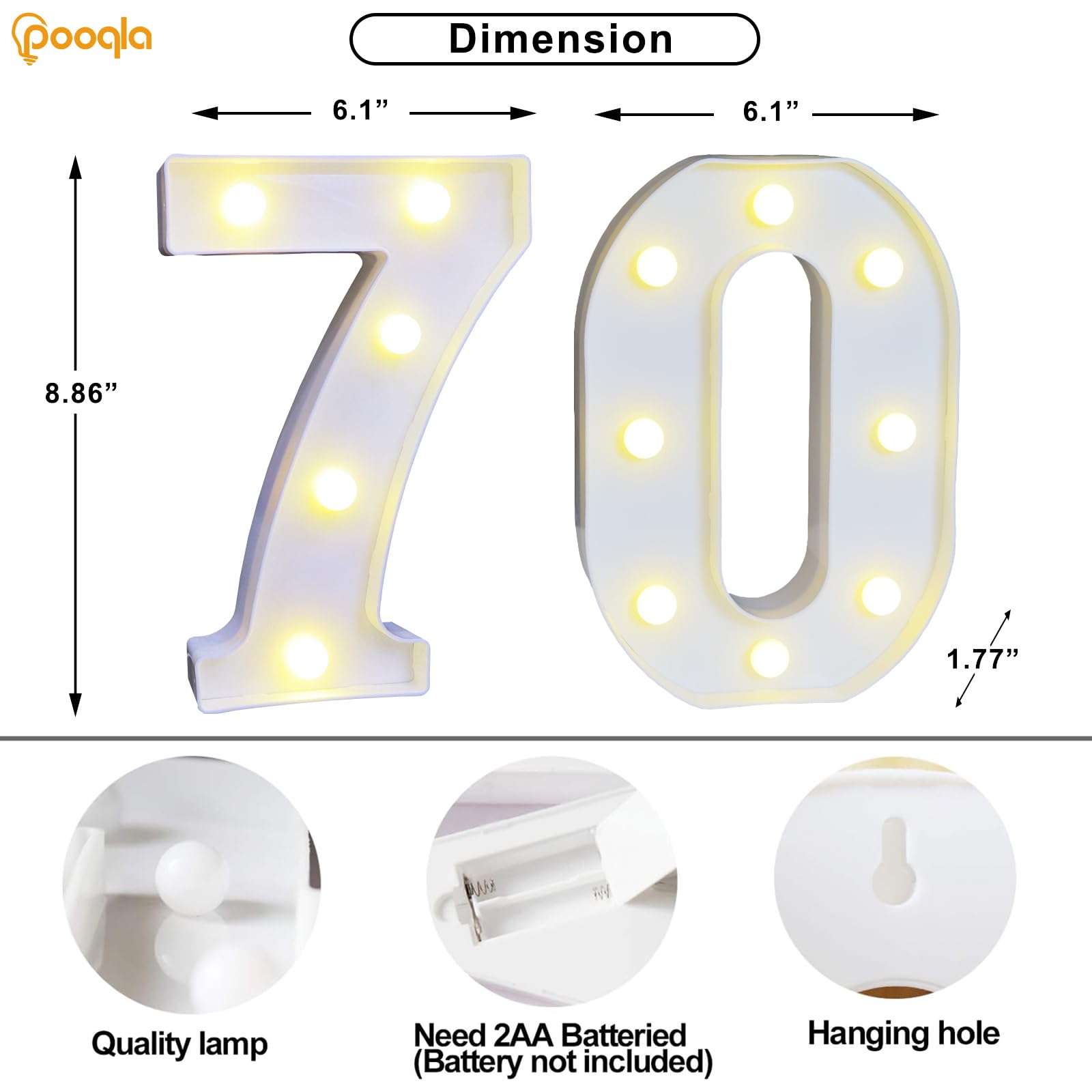 Pooqla LED Number 70 Birthday Decoration, Cool & Warm White Marquee Sign, Plastic Backdrop for 70th Wedding Anniversary Party