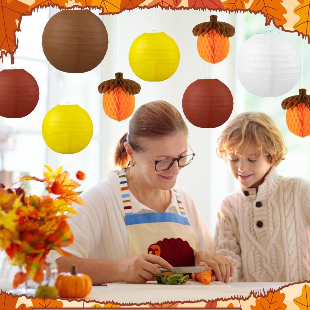 12 Pieces Fall Paper Lanterns Thanksgiving Decorations Yellow Orange And Brown Pine Nut Honeycomb Paper Lanterns For Autumn Decorative Round Hanging Party Decorations Harvest Theme Party Supplies
