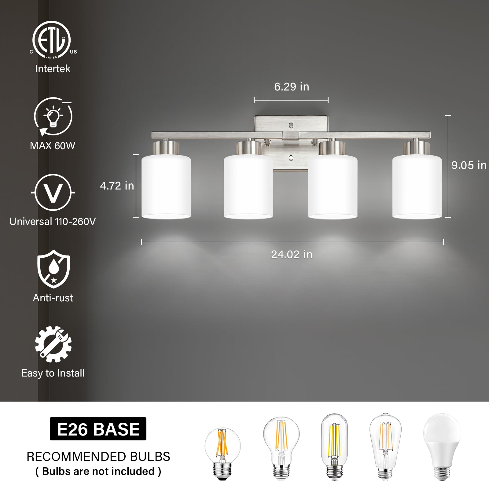 Fonmyim Brushed Nickel Bathroom Light Fixtures, 4-Light Modern Vanity Light Over Mirror, Wall Sconces With Milky White Frosted G