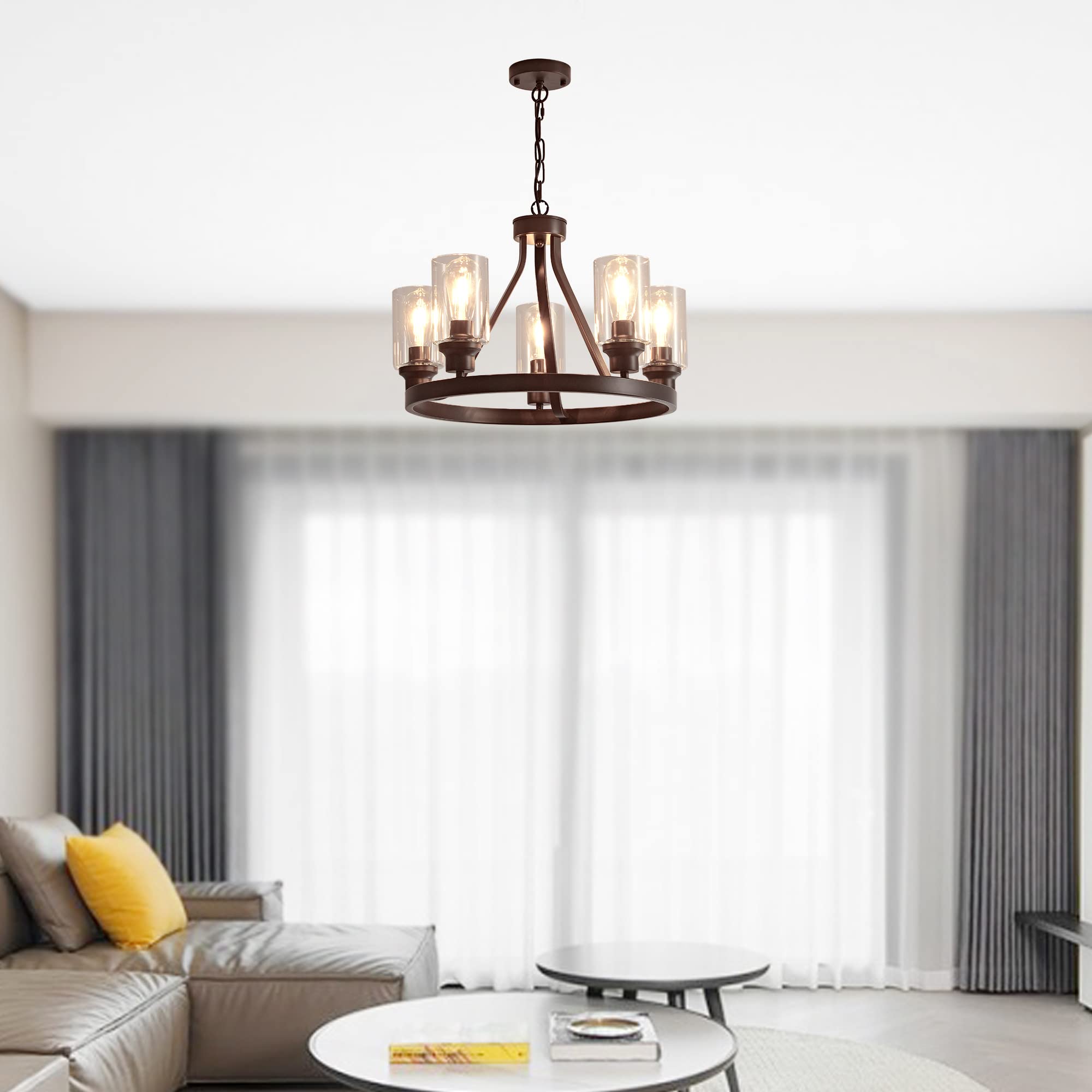 Sivilynus Farmhouse Chandelier - 5 Lights, Oil-Rubbed Bronze, Vintage Rustic Ceiling Fixture for Dining Room, Living Room, Kitchen Island