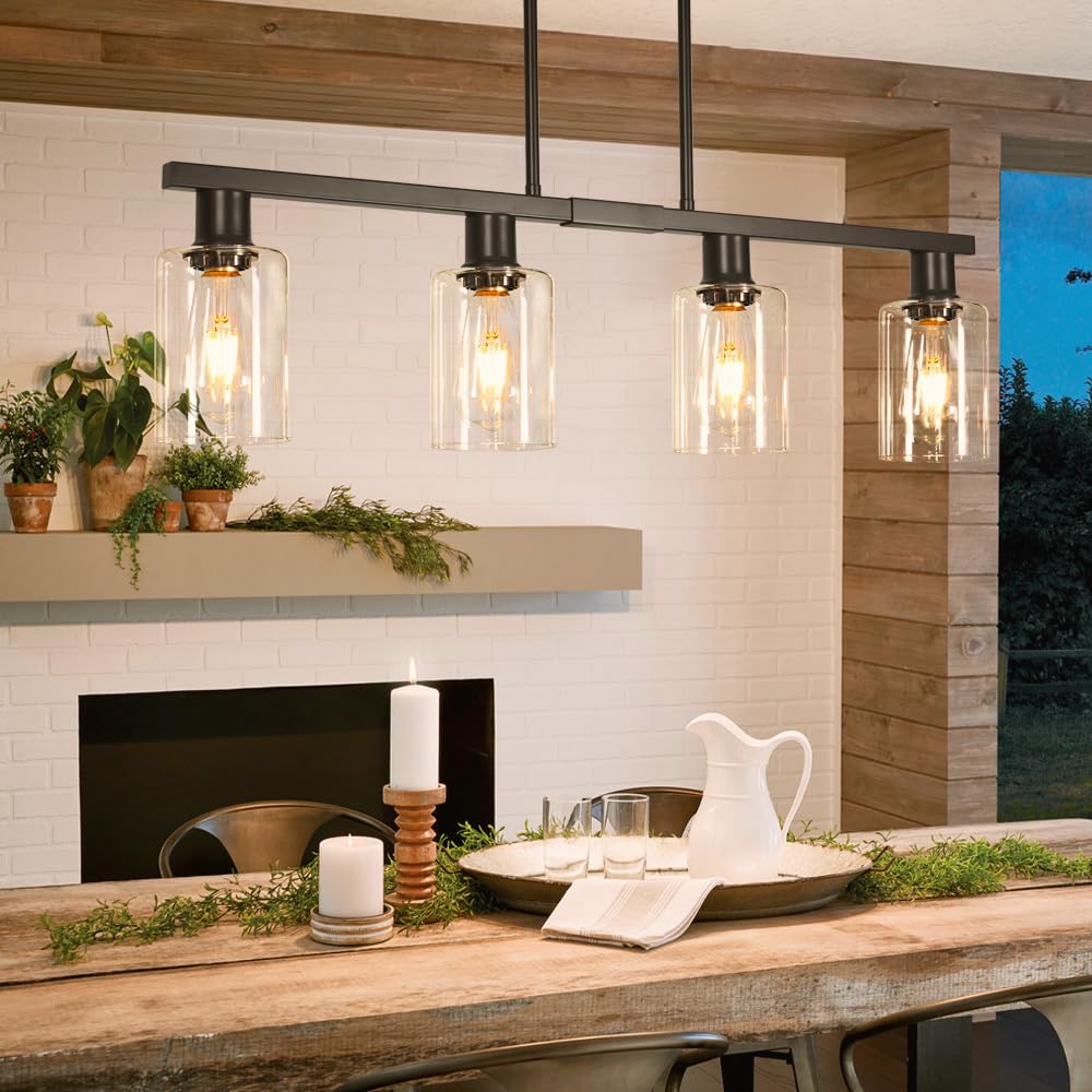 4-Light Kitchen Island Lighting  Black Farmhouse Chandelier With Adjustable Height & Clear Glass Shades  Linear Hanging Dining Room Light Fixture Over Table Bar  Simplicity Island Lights For Kitchen