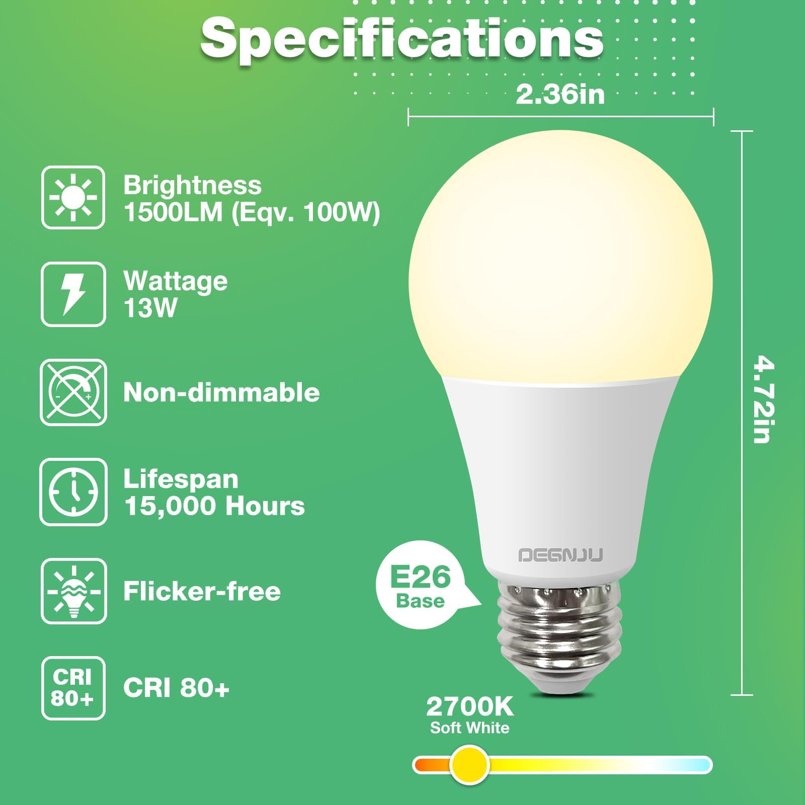 Degnju A19 Led Light Bulbs 100W Equivalent 2700K Soft White, 1500 Lumens, E26 Base, Non-Dimmable, 13W Bright White For Bedroom H