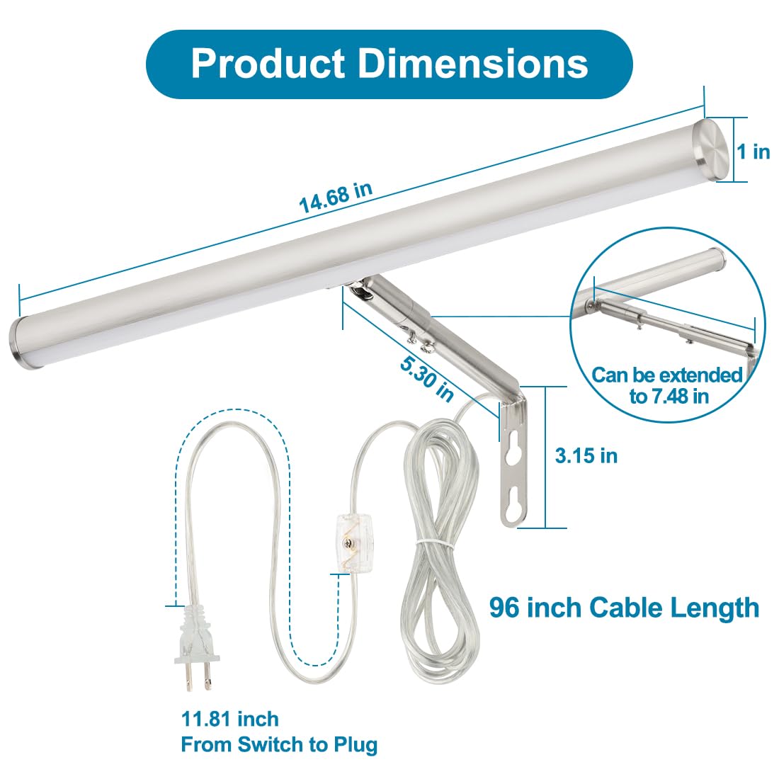 Xbuyee LED Picture Light, 14" Adjustable Art Light, Brushed Nickel Finish, CRI90+, 3000K Warm White, ETL Listed, Model LED-PLFP