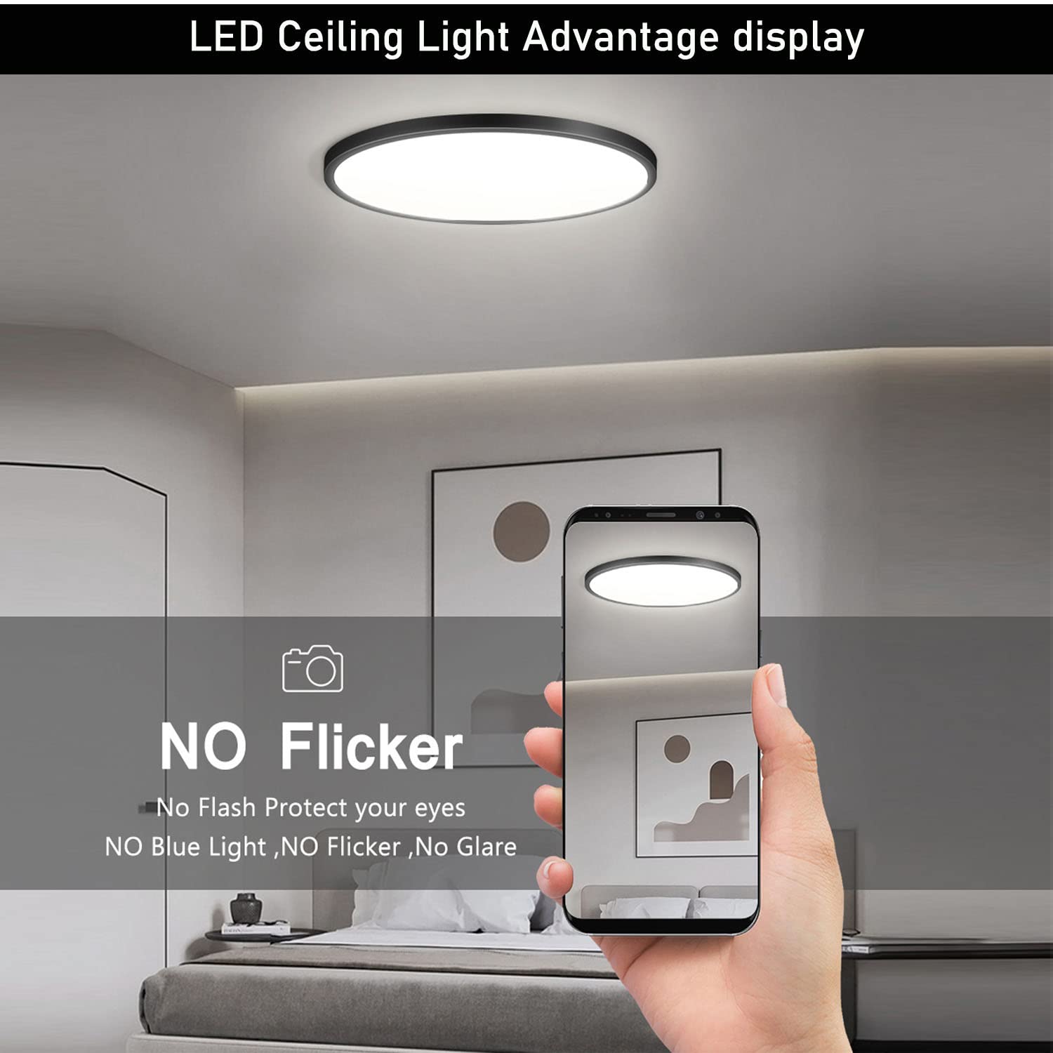 Superyofo LED Ceiling Light Fixture, 24W Slim Round, 9 Inch, Black, 6000K Daylight, 250W Equivalent, 2 Pack