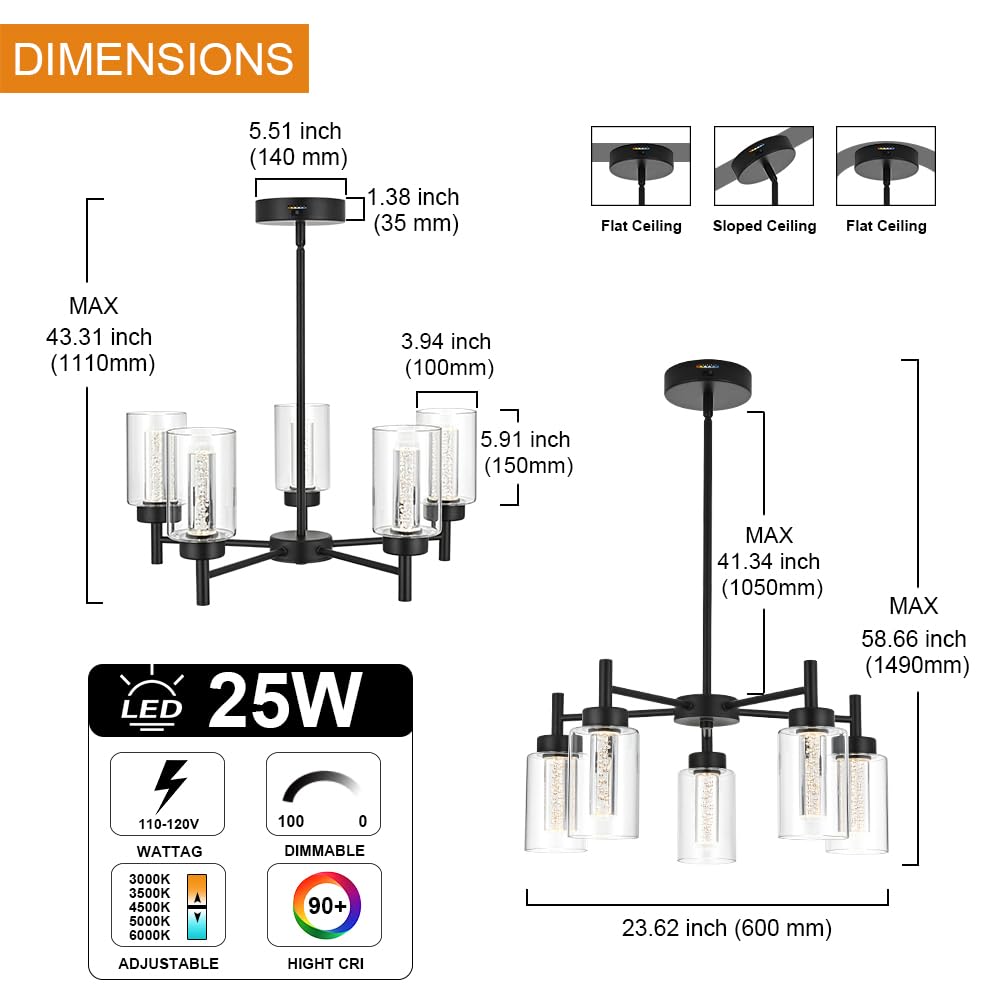 VINLUZ 5 Light LED Pendant Chandelier, Black Metal with Crystal Glass Shade, Model LED1810-5-11 for Dining Room, Kitchen, Cafe Bar